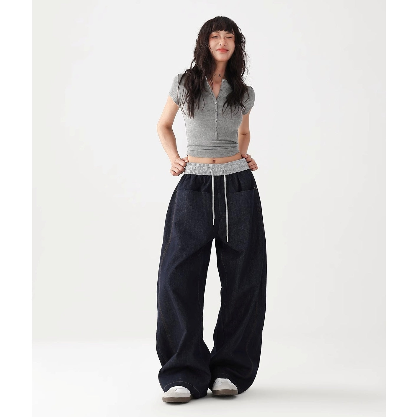 Panelled Elasticated Waistband Loose Curve Jeans AC7121