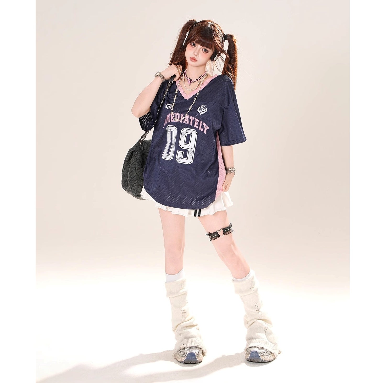 Drop-shoulder V-Neck Mesh T-Shirt KK2070