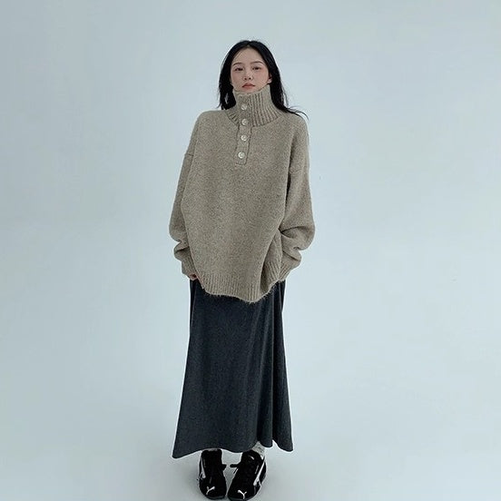 High Neck Half-Button Loose Sweater OS2054