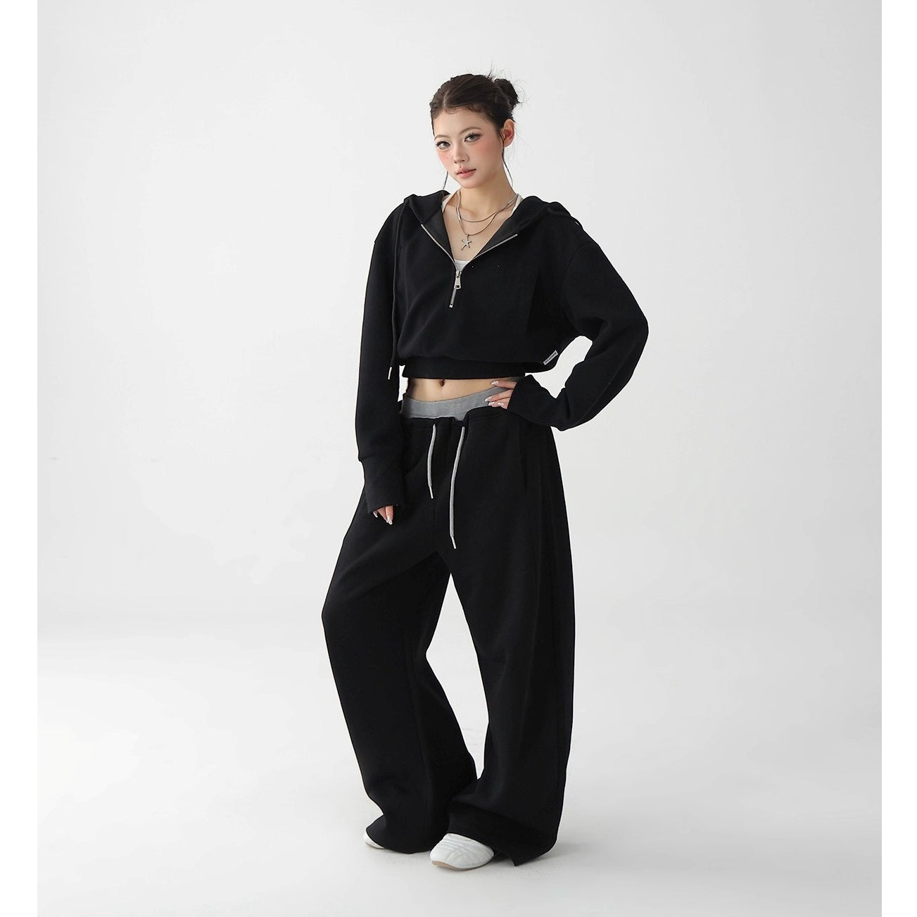 【上下別売り】Half-ZIP Cropped Hoodie & Loose Pants Set-up AC7159