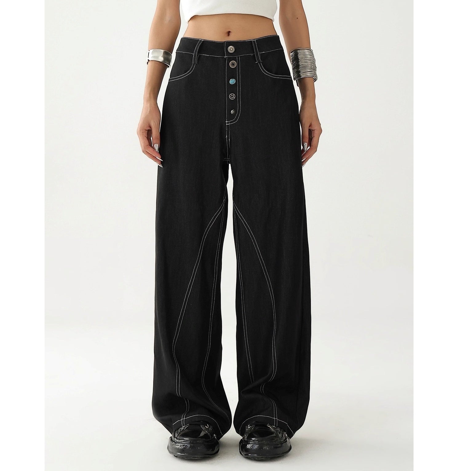 Button  Wide-leg Stitch Pants AC7130