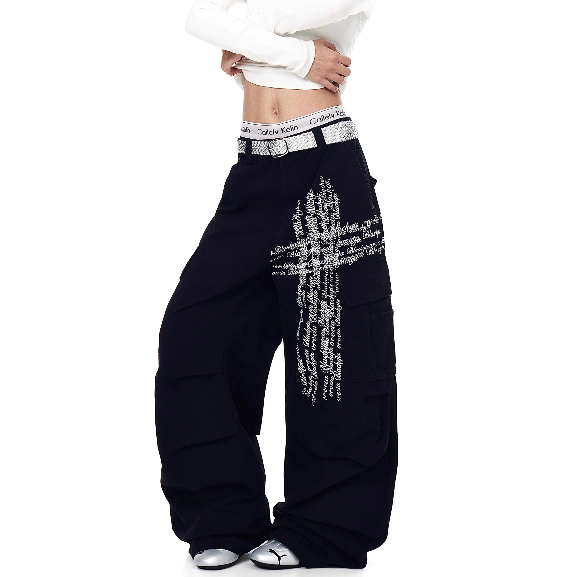 Washed Pleated Letter Print Cargo Pants BK7013