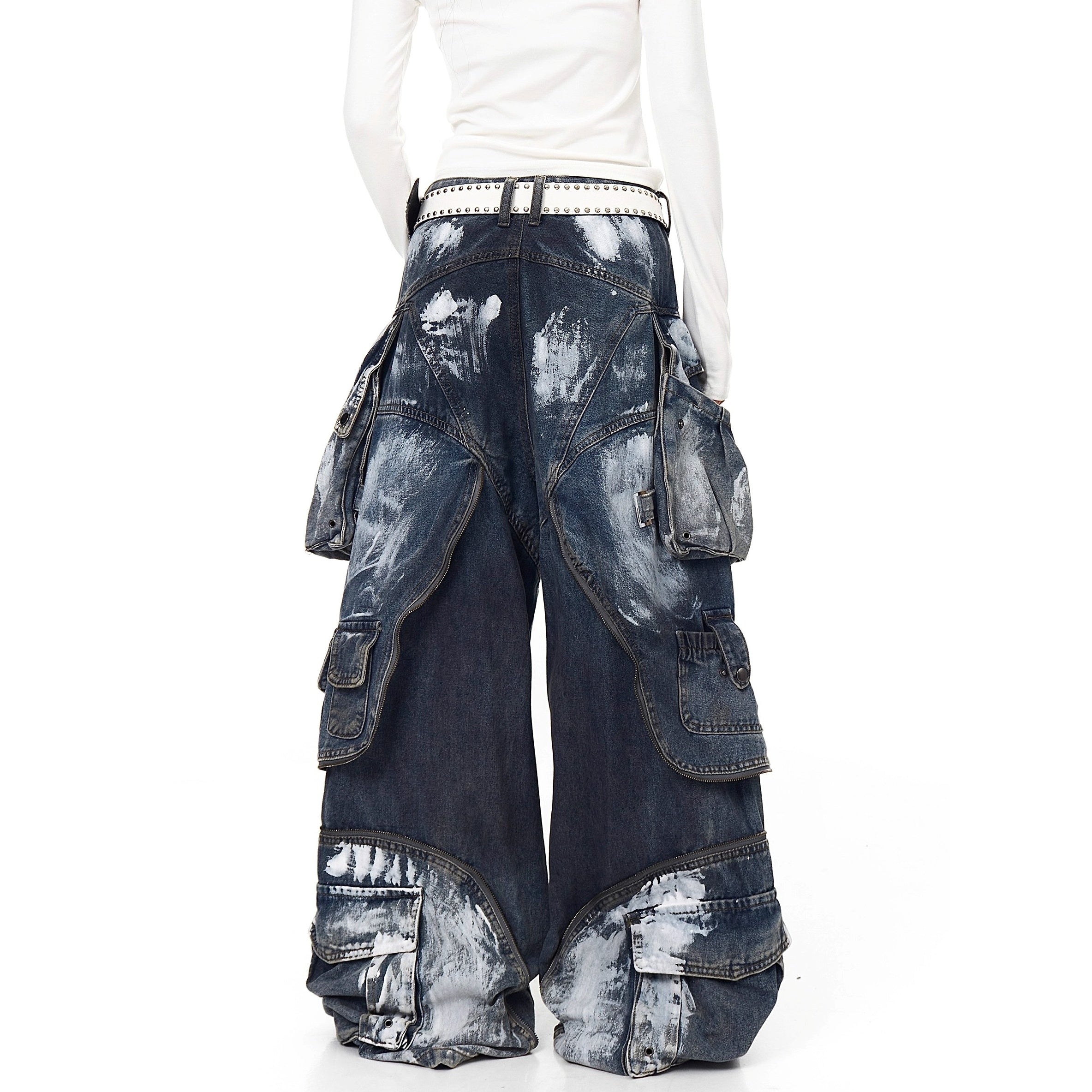 Dirty Worn Zipper Splicing Cargo Jeans BK7043