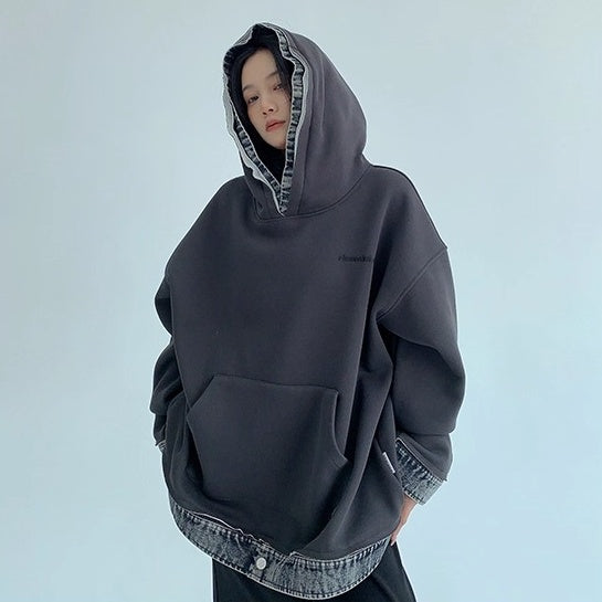 Contrasting Splicing Denim Hooded Sweat OS2056