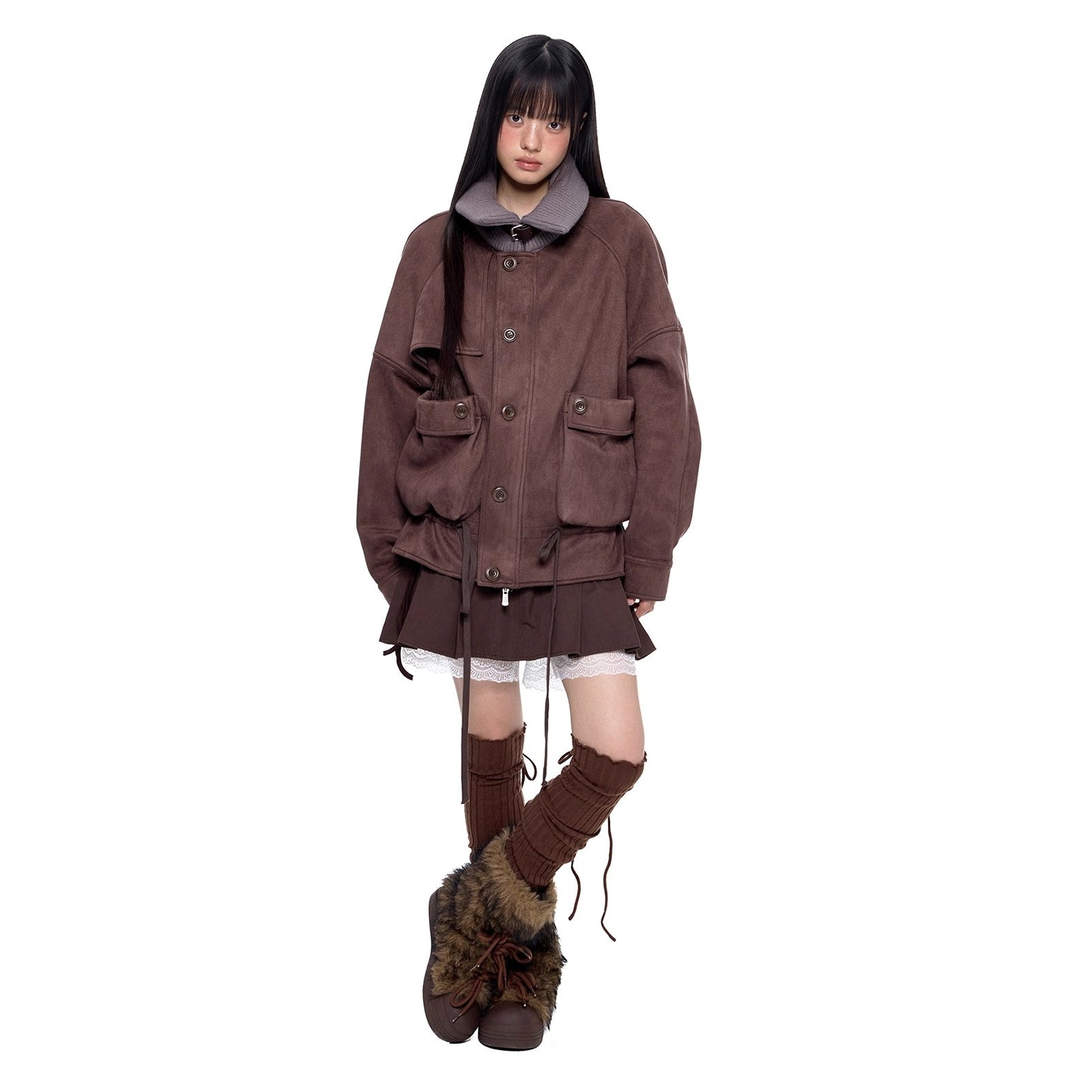 Knitted High Neck Drawstring Faux Suede Jacket EZ252