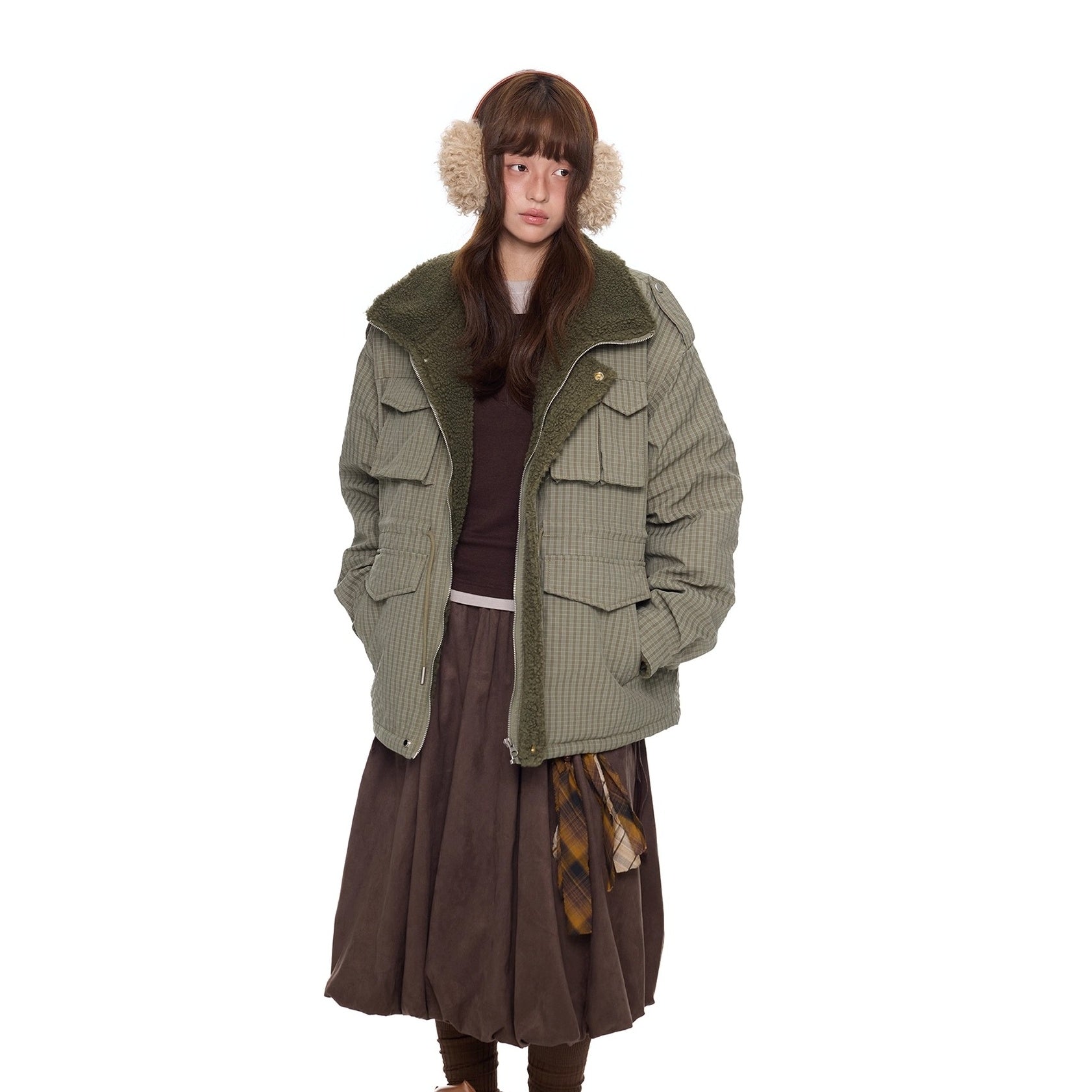 Fluffy Plaid Cargo Pocket Padded Jacket EZ284