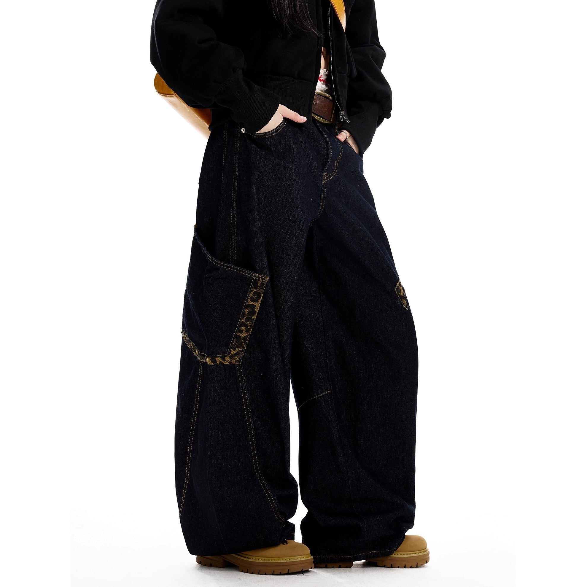 Leopard Print Stitching Large Pocket Design Curve Jeans MW10300