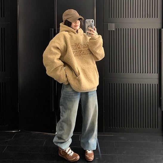 Letter Stitch Oversize Boa Hoodie OS2061