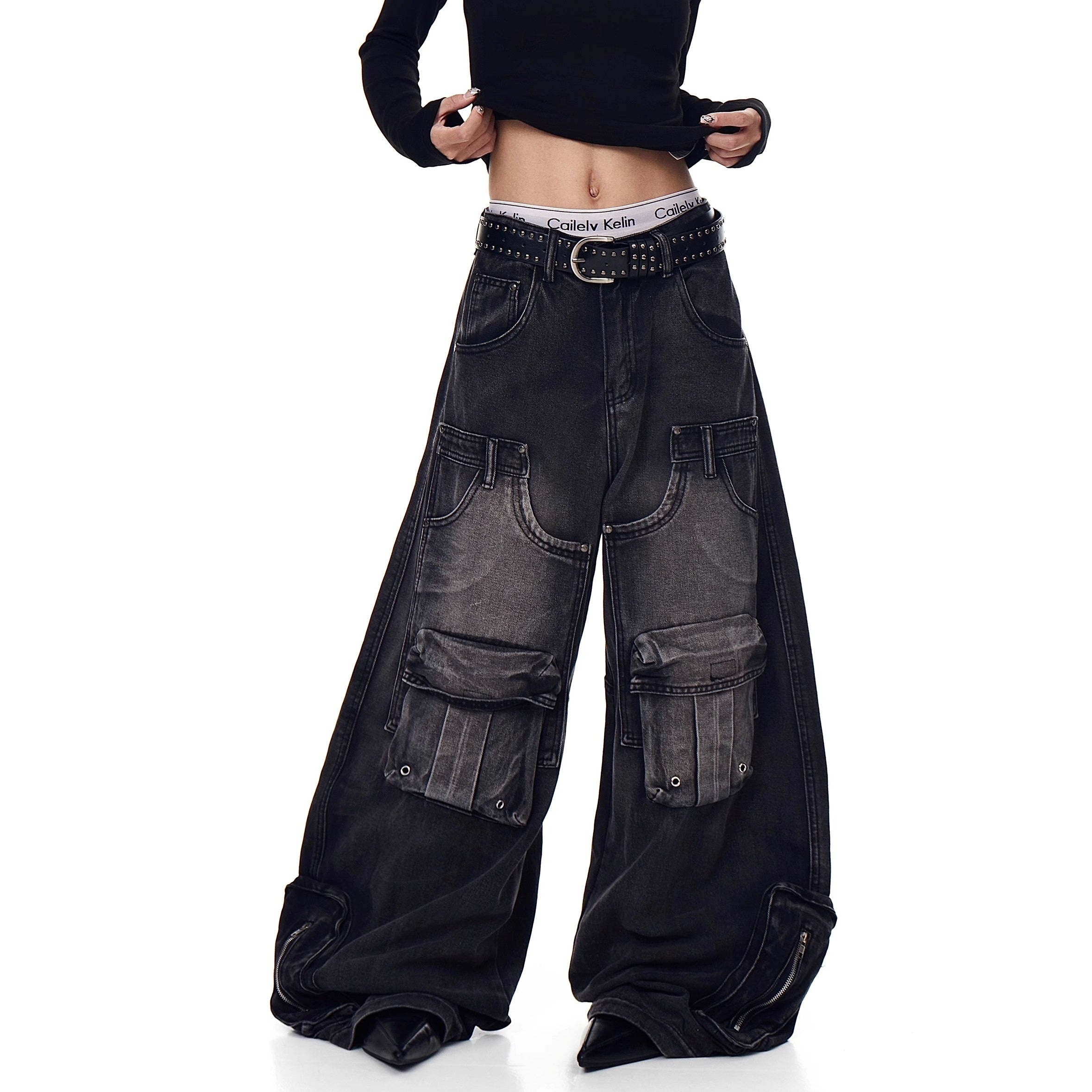 Deconstructed Multi-Pocket Damage Wide Jeans BK7004