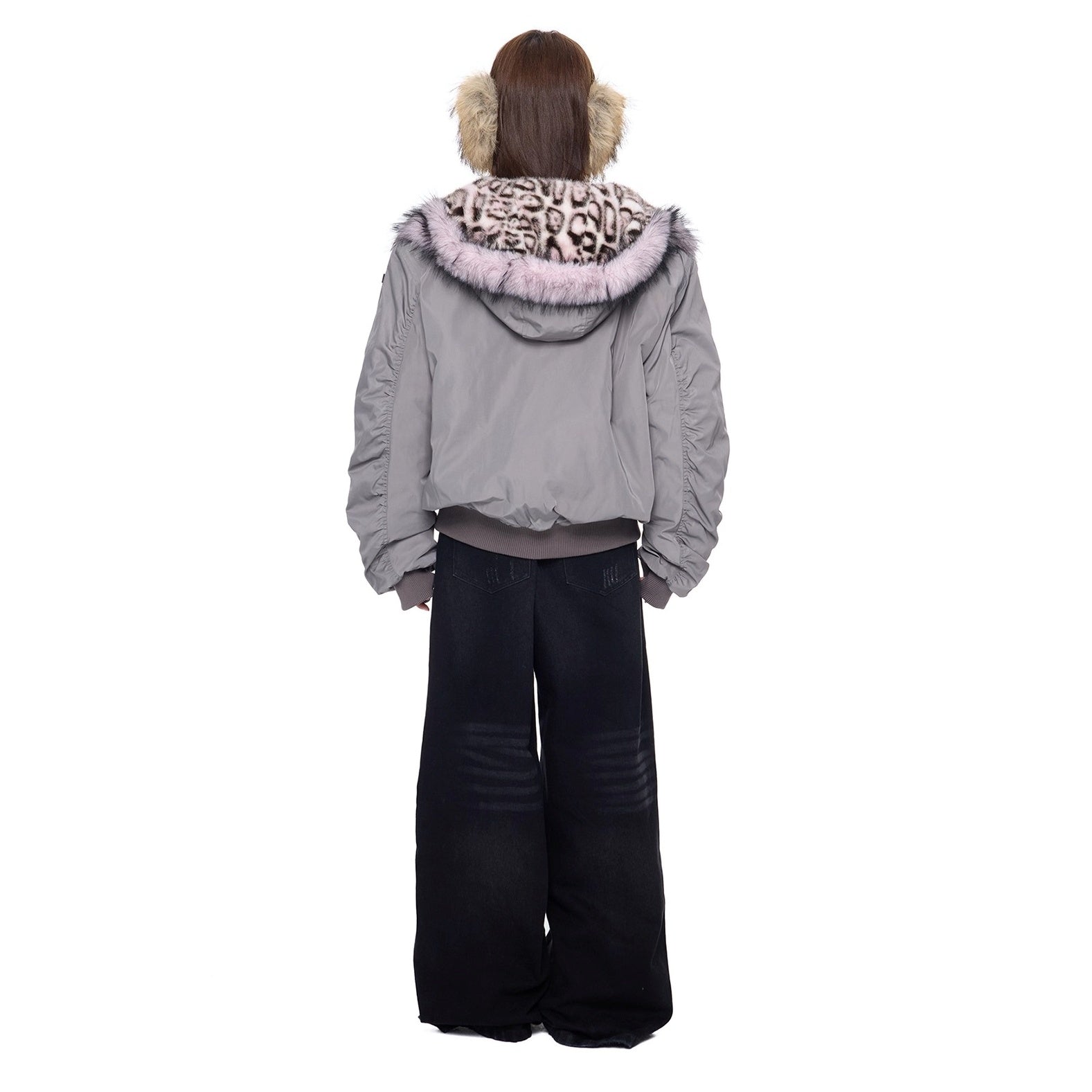 Leopard Liner Fur Short Hooded Jacket EZ273