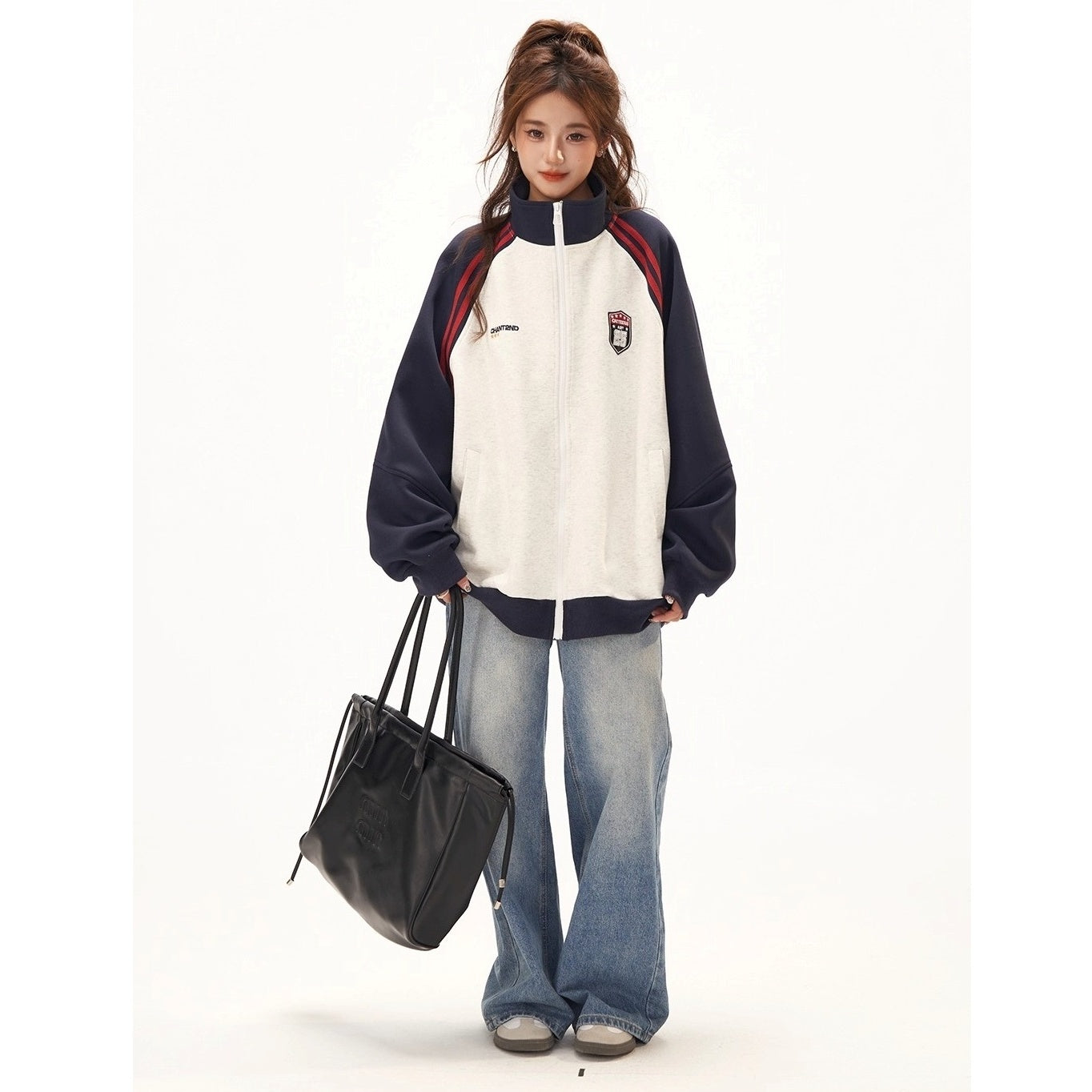 Stand-Collar Raglan Color-blocked Sweat Jacket CA7010