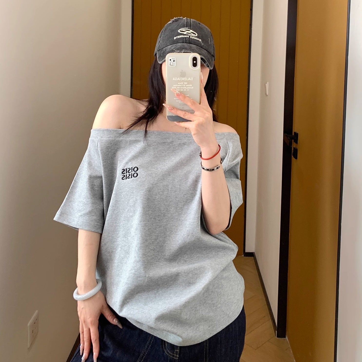Cropped Slanted Shoulder Embroidered T-shirt OS2017
