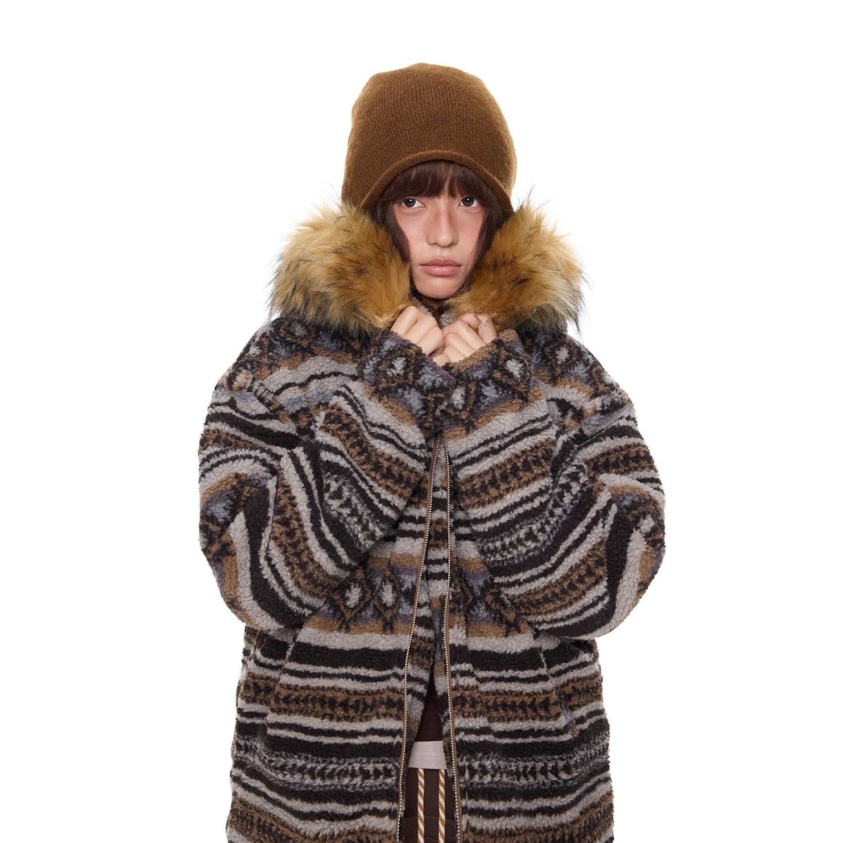 Ethnic Pattern Fur Collar Hooded Jacket EZ280