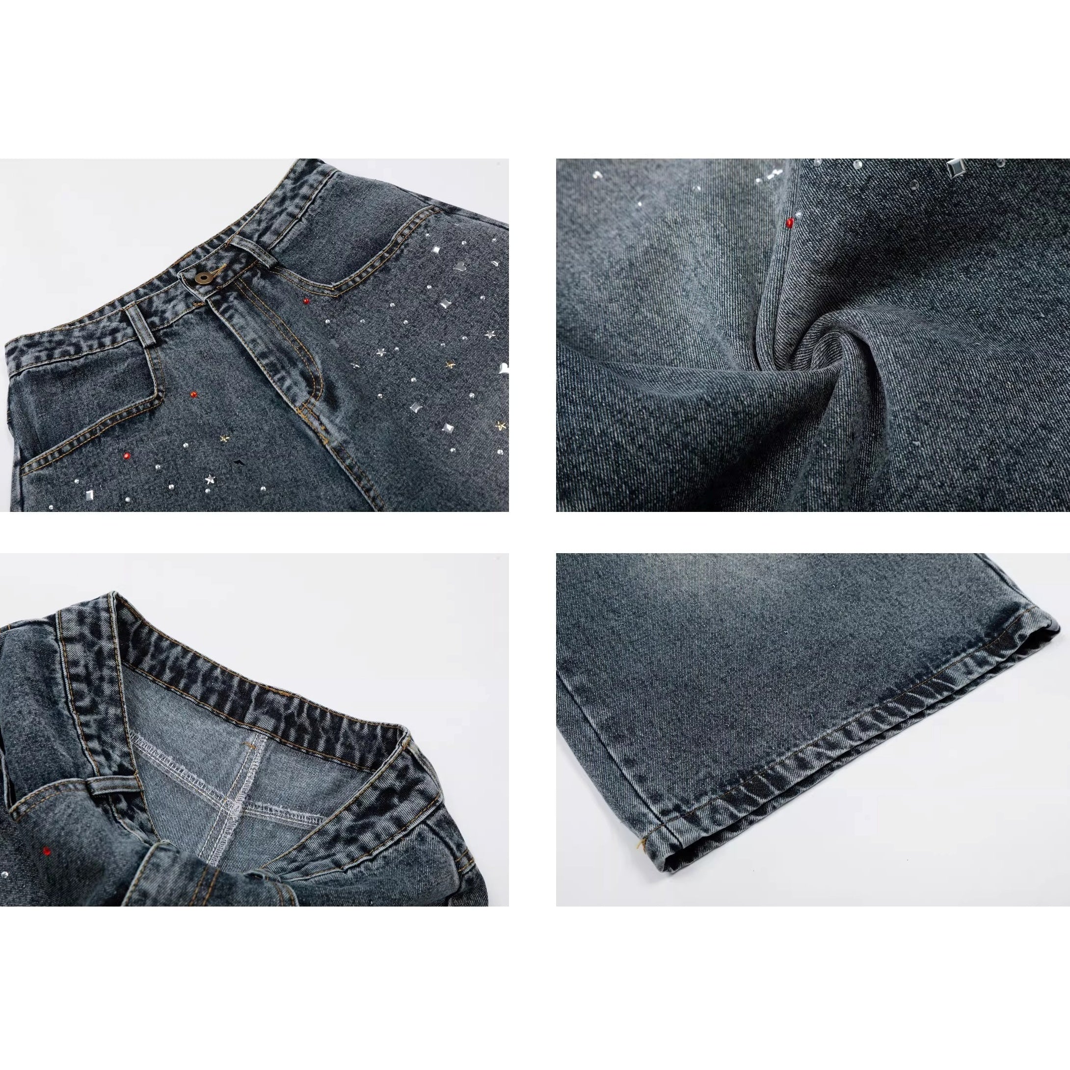 Rhinestone Washed Denim Cropped Pants MW10384