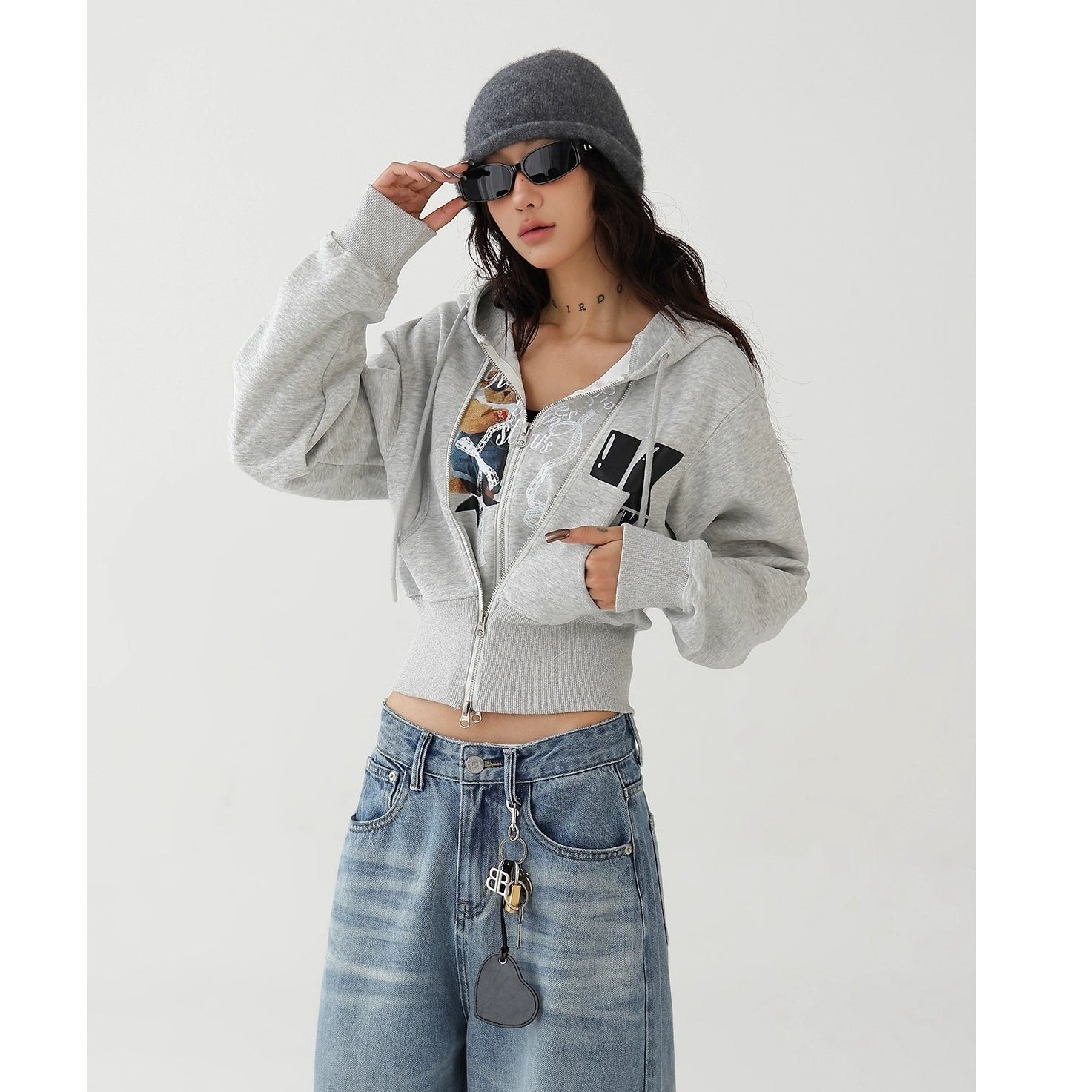 Fake Layered Bear Letter Embroidery Hooded Jacket AC7135