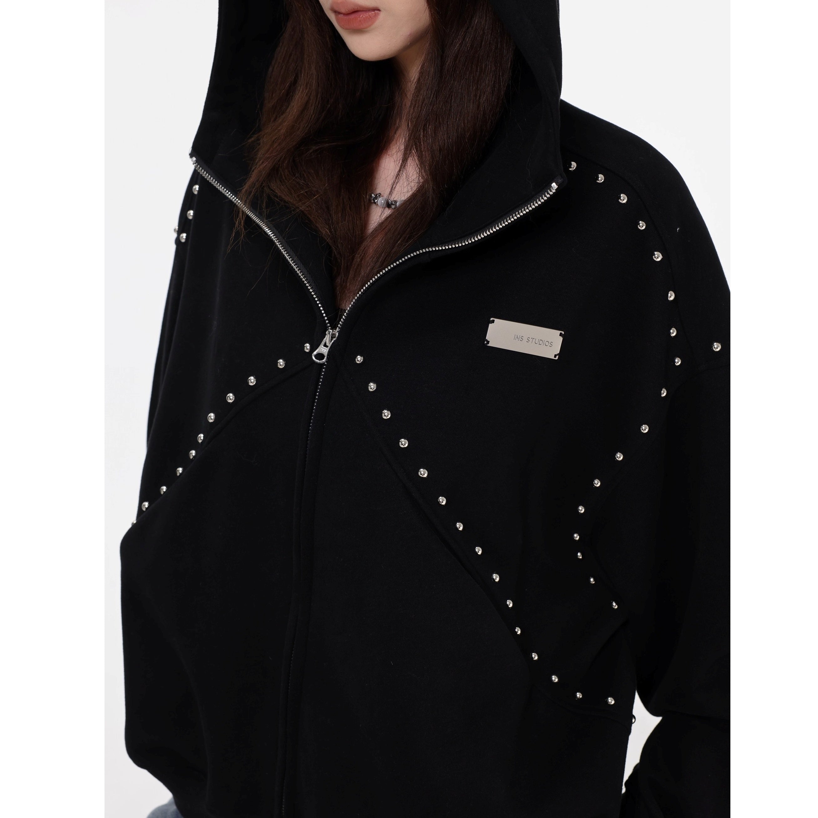 Stitched Rivet Zipper Hooded Jacket IN7016