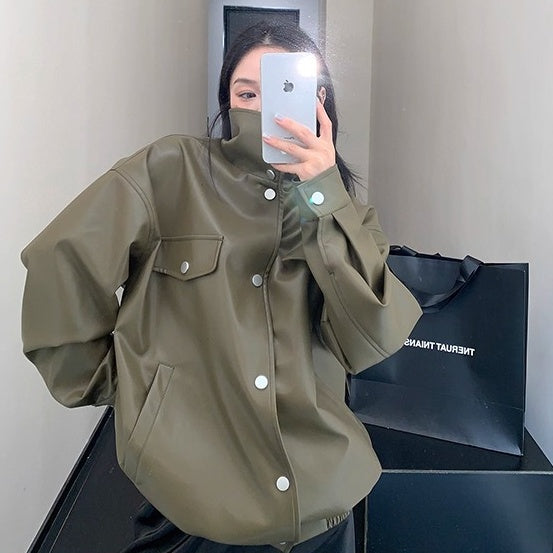 High-Neck PU Leather Jacket OS2046