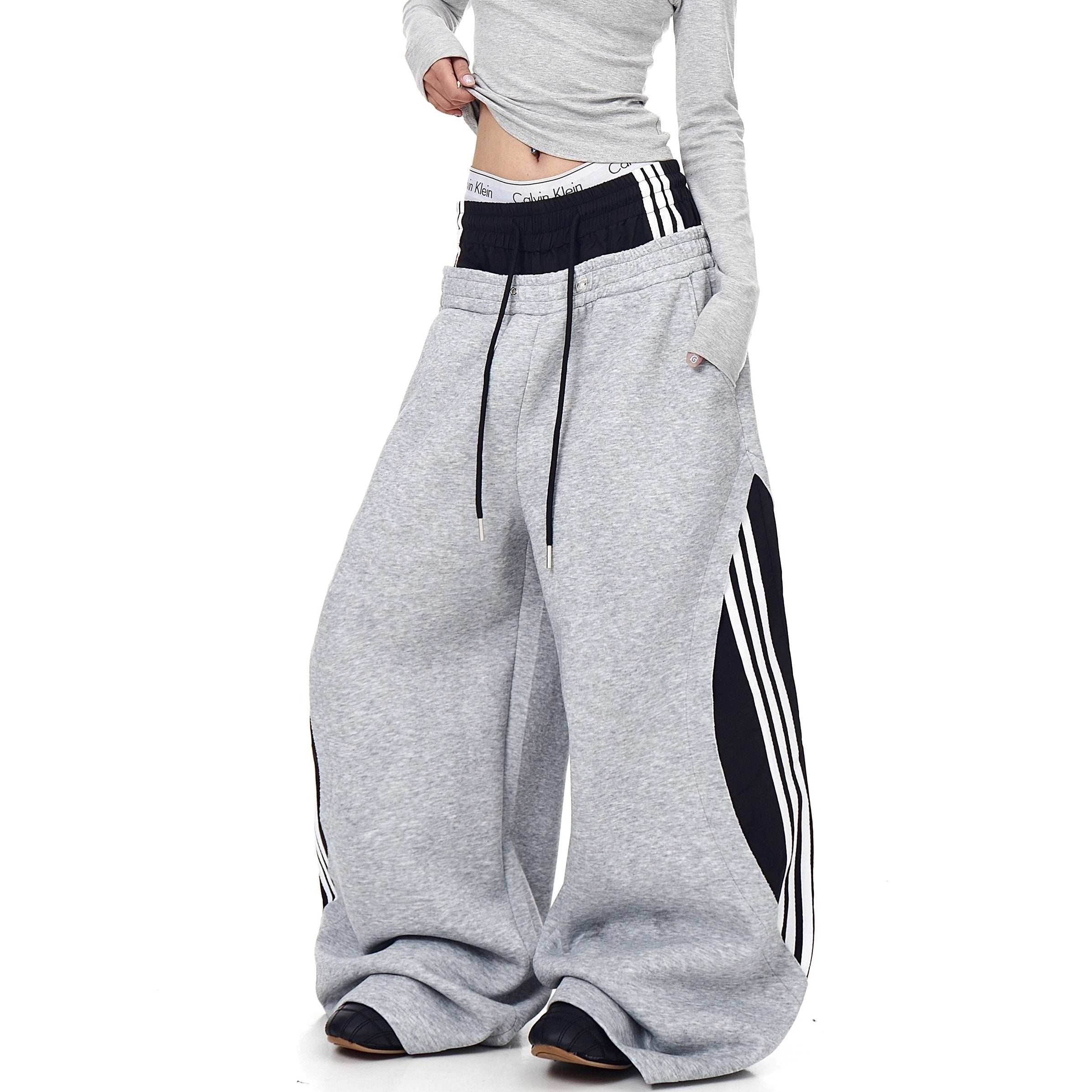 Double-Waist Striped Splicing Scimitar Sweat Pants BK7050