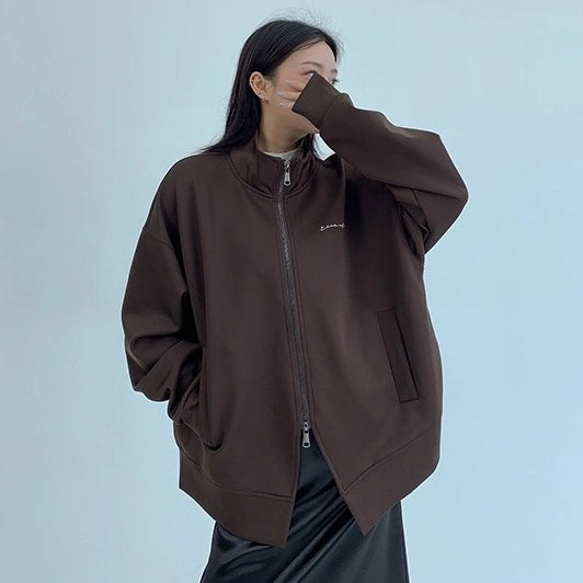 Double Zipper Stand Collar Loose Jacket OS2041