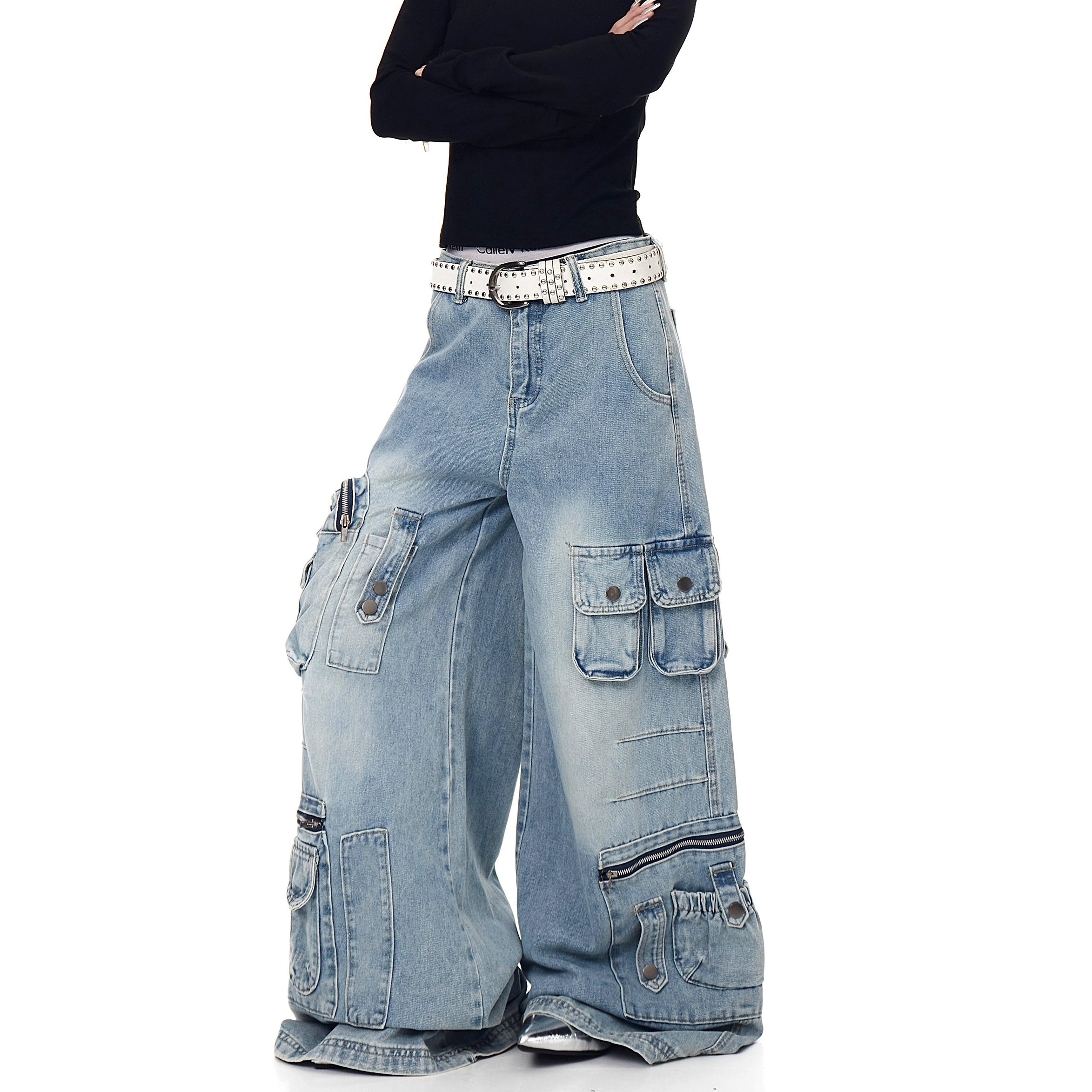 Washed Wide Buggy Cargo Jeans BK7028