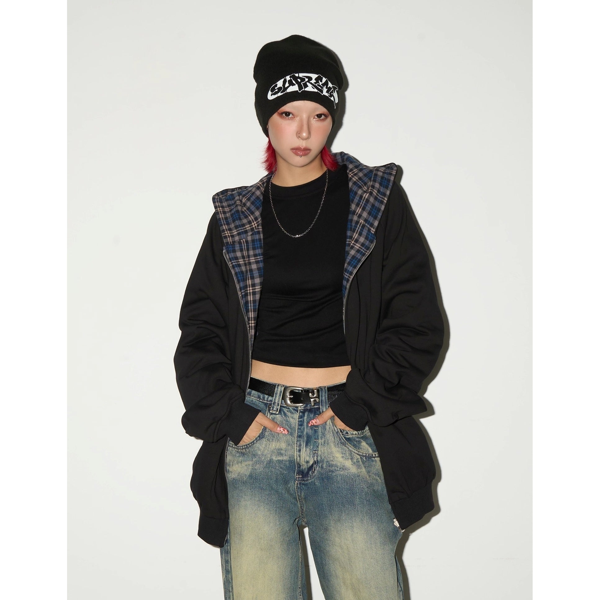 Reversible Plaid Hooded Sweat Jacket MN9040