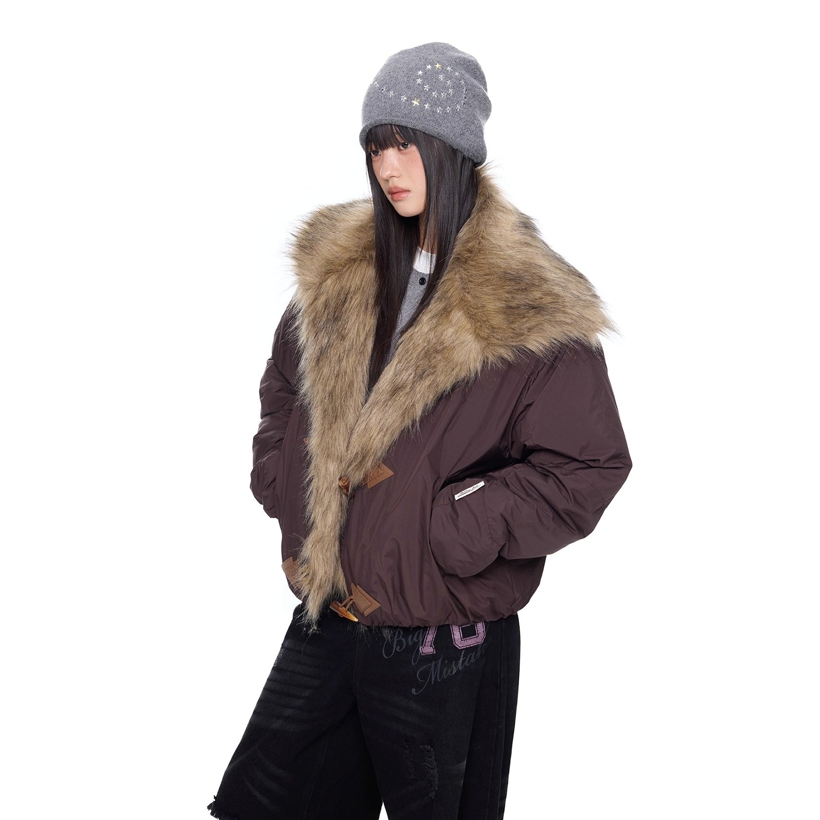 Fluffy Large Lapel Horn Buckle Cropped Jacket EZ289