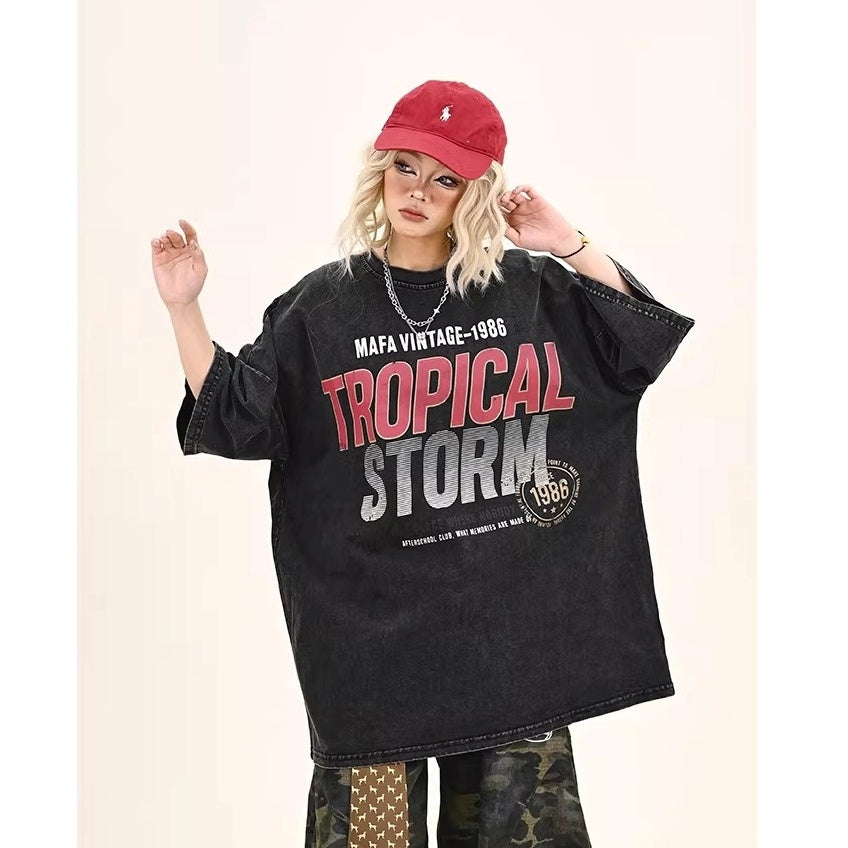 Washed Letter Print Over Size T-shirt MW10372