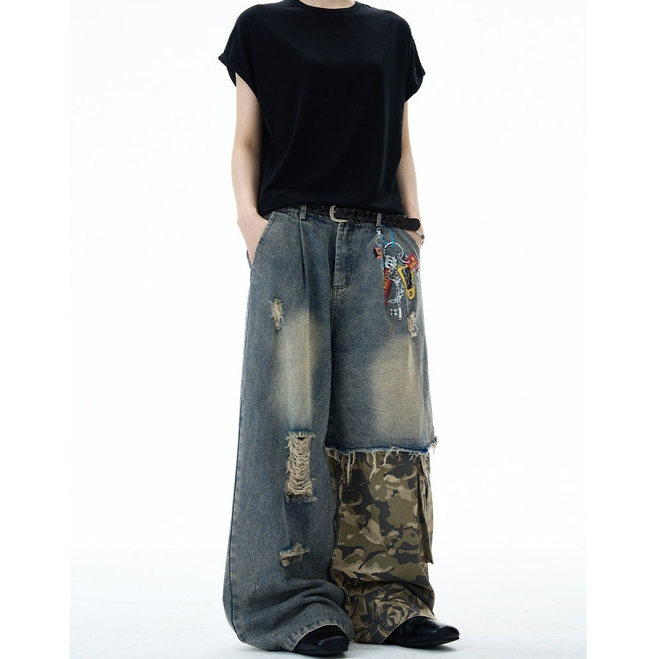 Camouflage Patchwork Loose Ripped Jeans MW10322