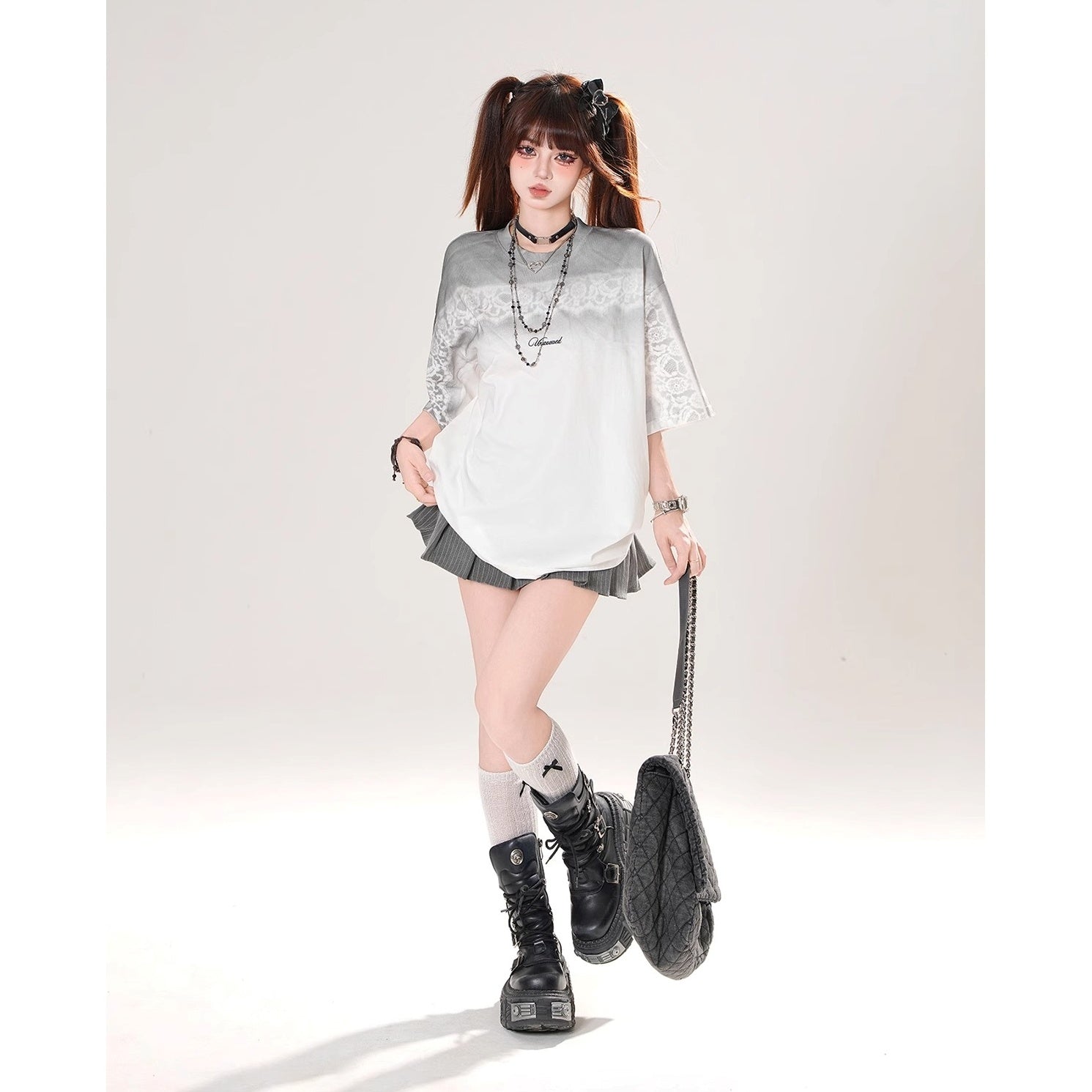Lace Print Gradation Loose T-shirt KK2071
