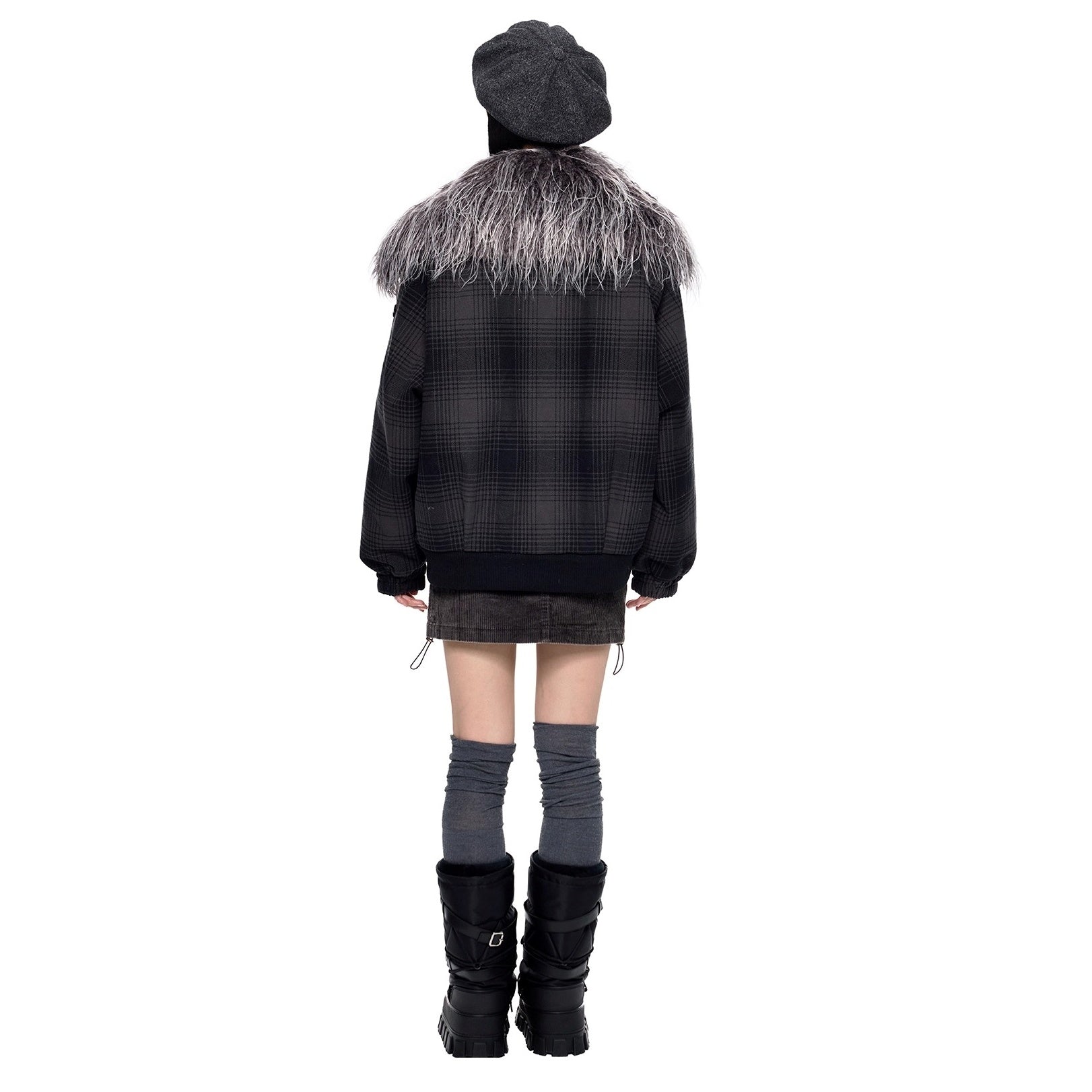 Fur Collar Shawl Plaid Jacket EZ249