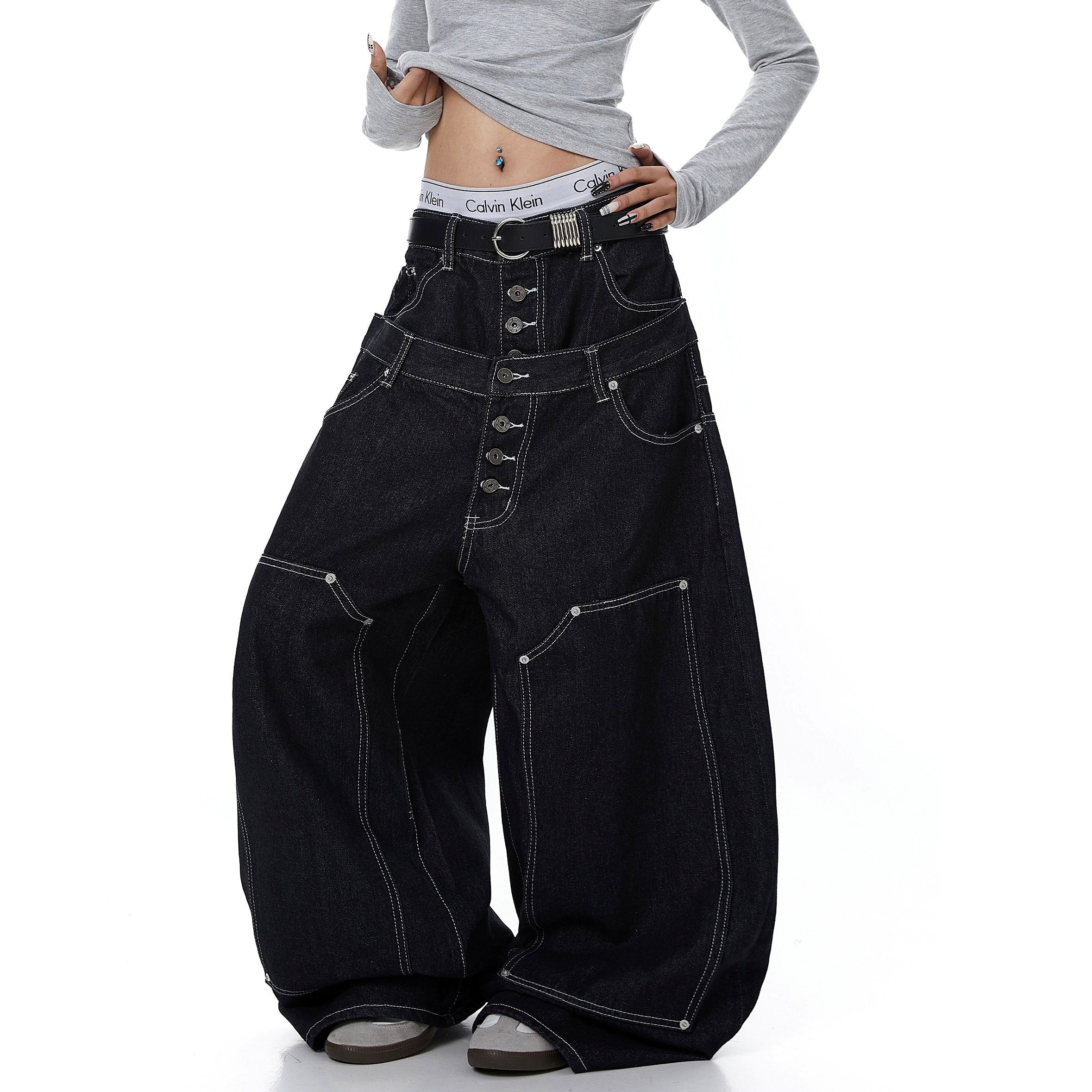 Double Waist Stitch Design Wide Curve Jeans BK7075