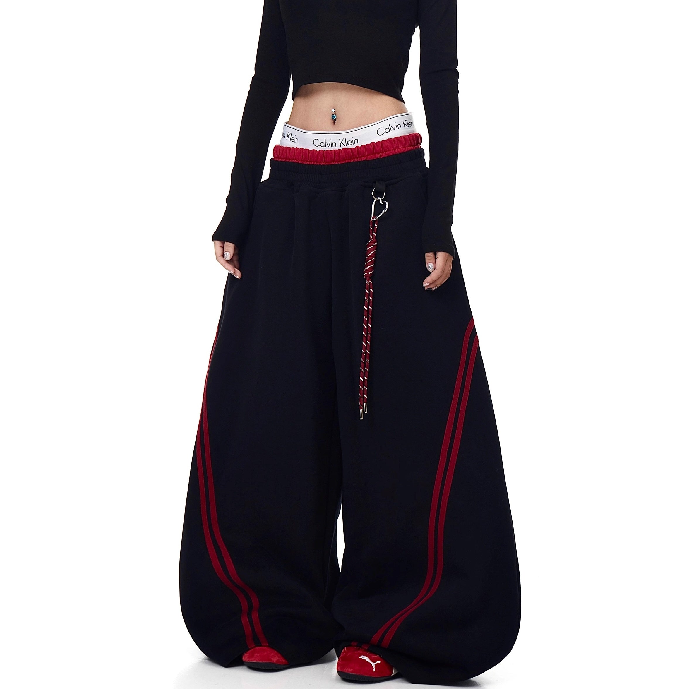 Striped Patchwork Double-waisted Scimitar Sweat Pants BK7044