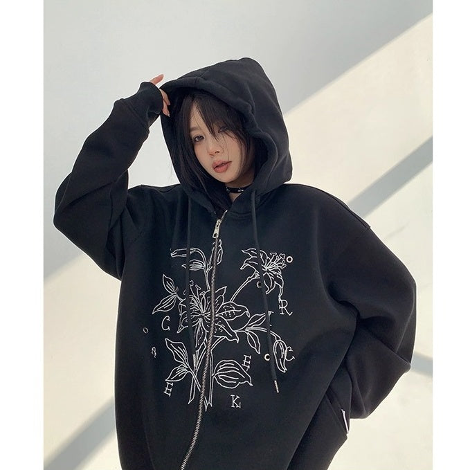 Flower Embroidered Loose Hooded Jacket OS2050