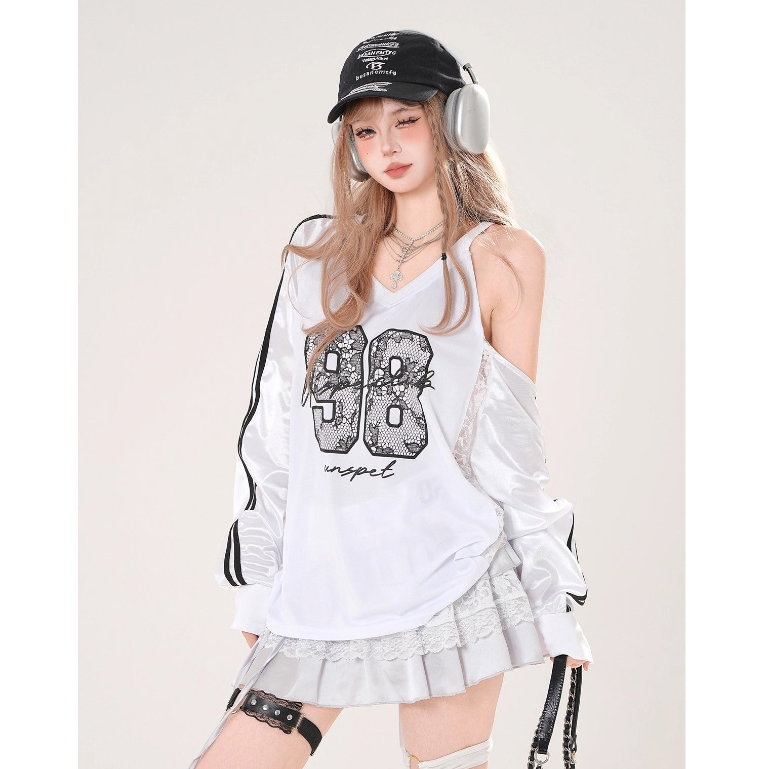 Lace Embroidered Cut-shoulder Loose V-neck Top KK2075