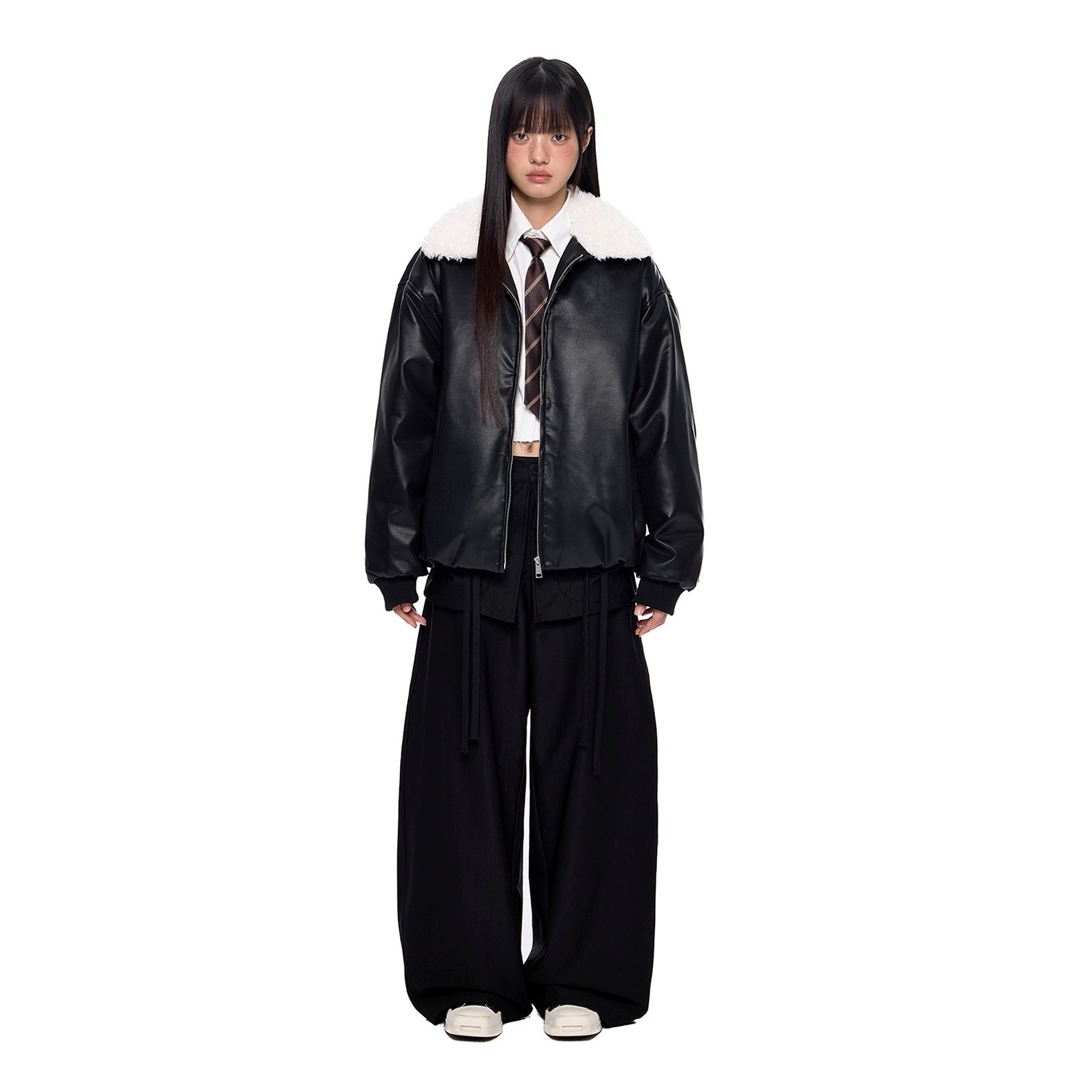 Contrast Lapel PU Leather Jacket EZ255