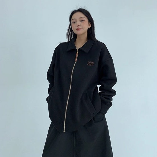 Drop Shoulder Embroidered Lapel Sweat Jacket OS2040