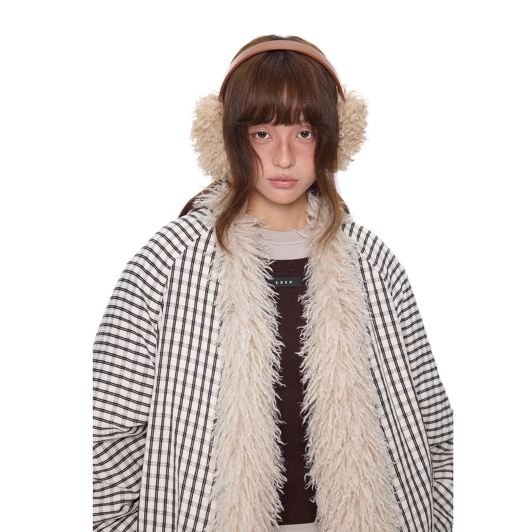 Plaid Fur No-Collar Padded Jacket EZ292