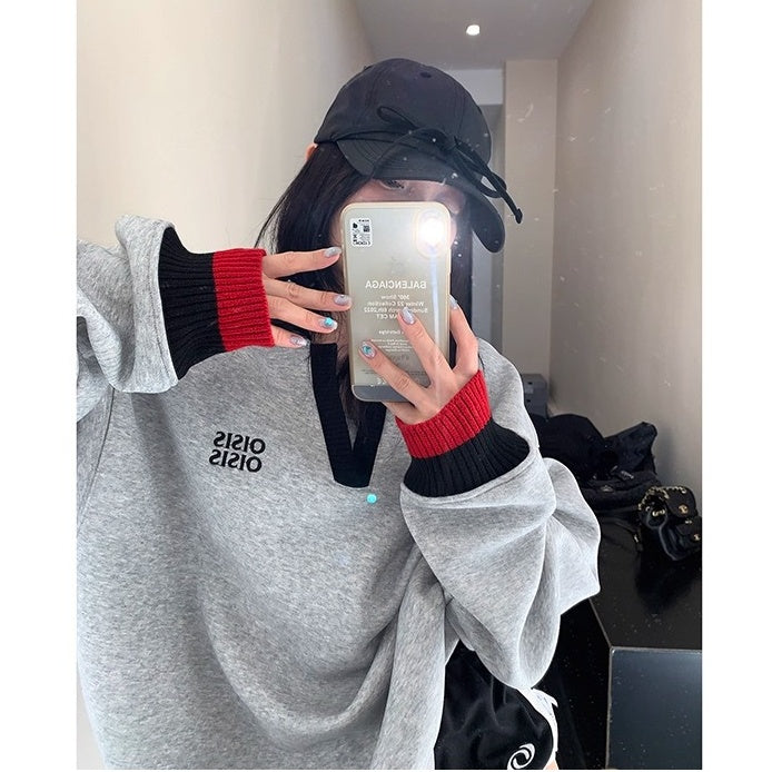 Contrast Polo Collar Loose Sweat OS2045