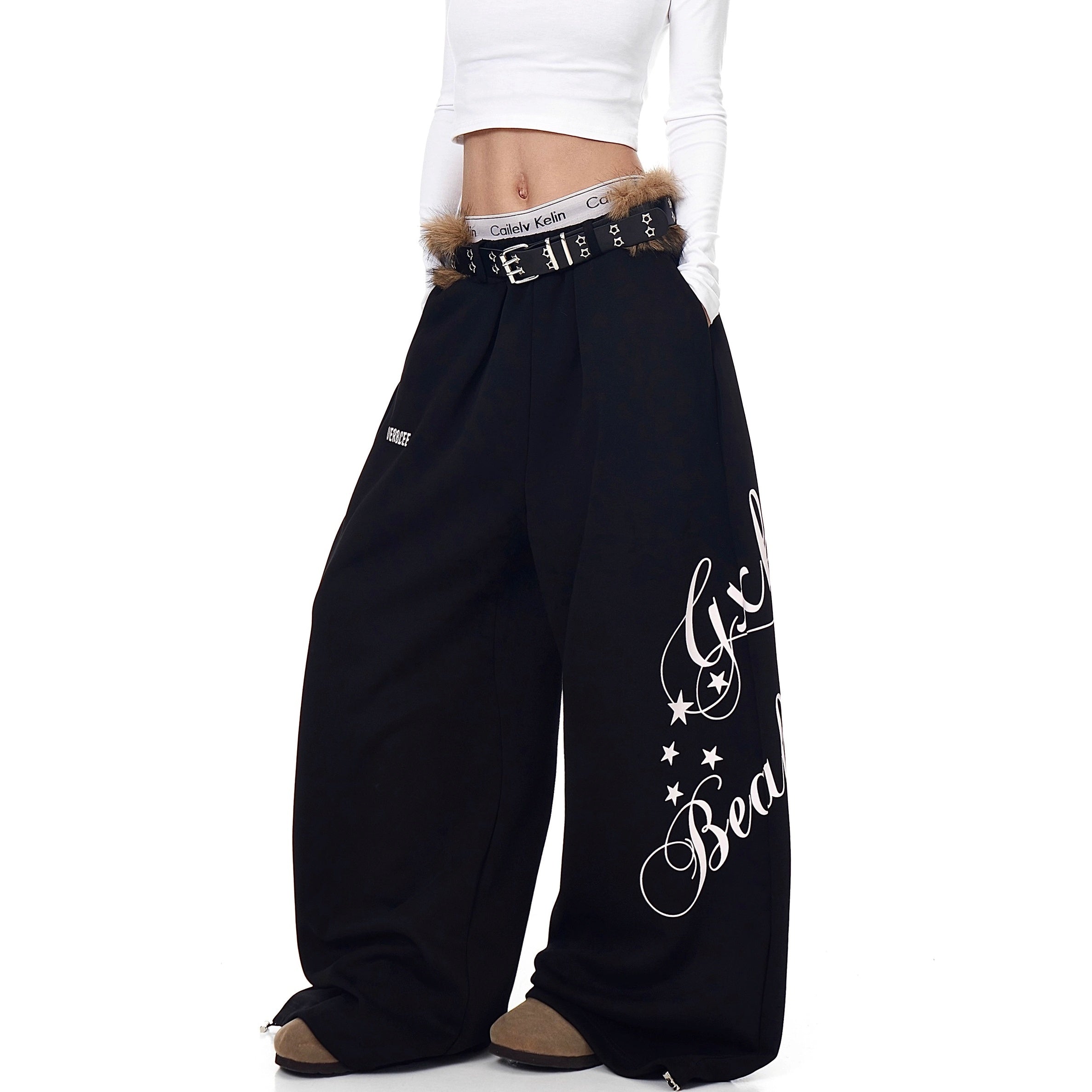 Letter Print Wide Sweat Pants With Fur Belt BK7026