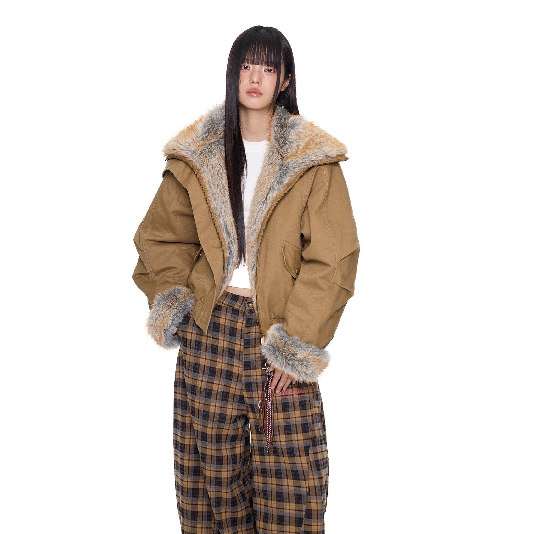 Large Fur Lapel Cropped Jacket EZ294