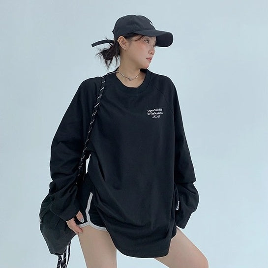 Relaxation Lazy Letter Print Long-sleeved T-shirt OS2036