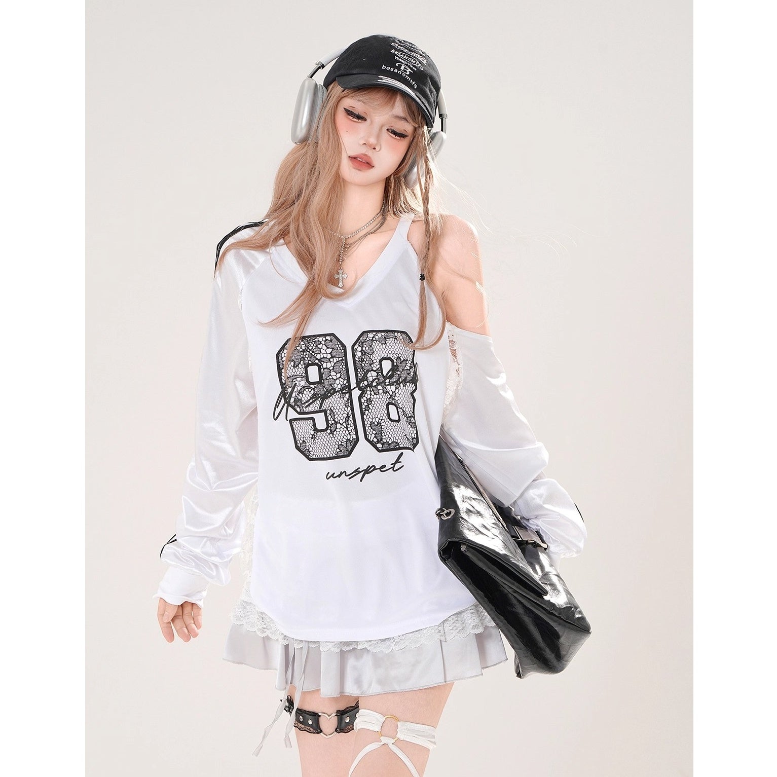 Lace Embroidered Cut-shoulder Loose V-neck Top KK2075
