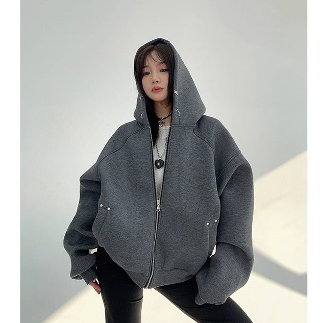 Switching Design Loose Zip Hooded Jacket OS2031