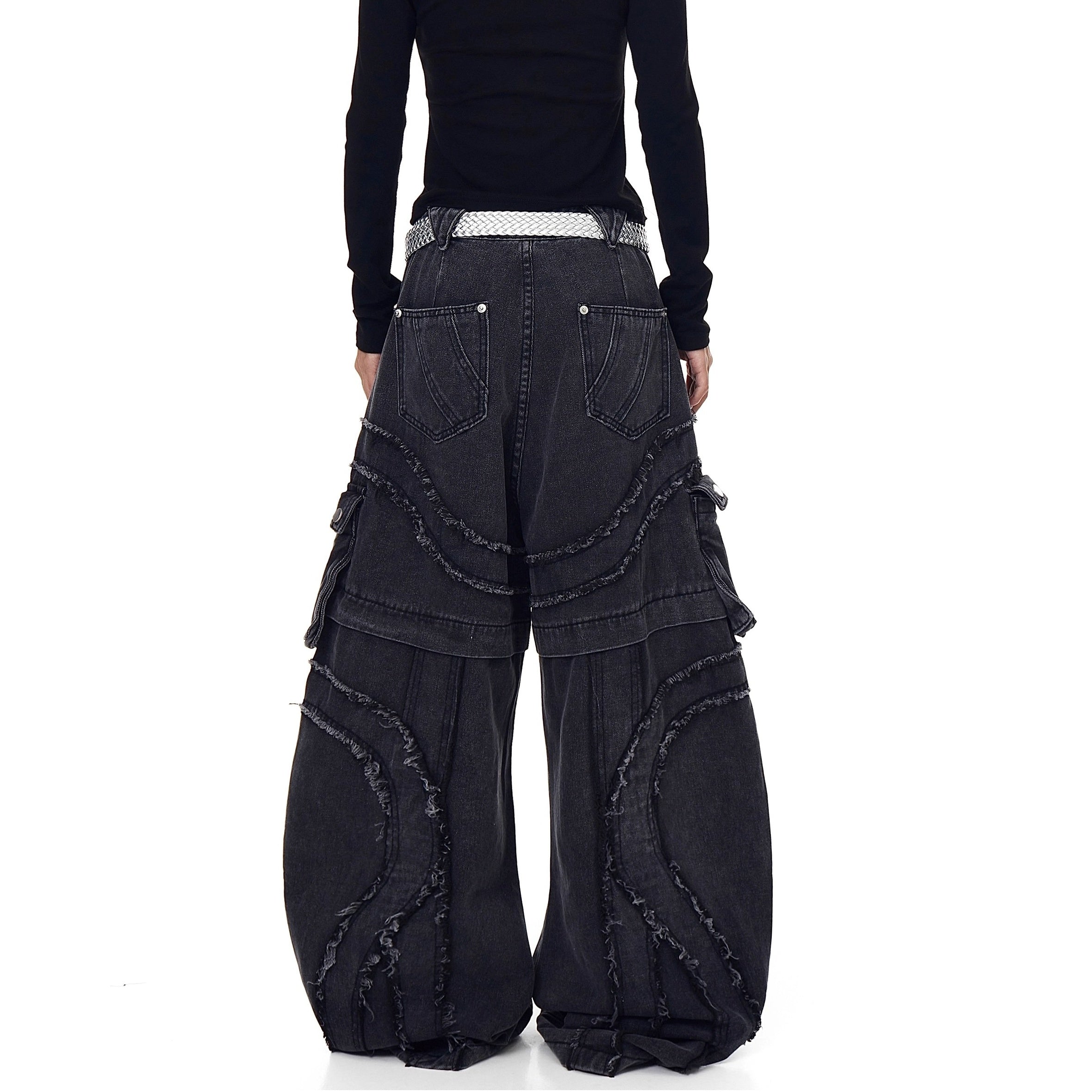 Raw Edge Stitching Cargo Jeans BK7022