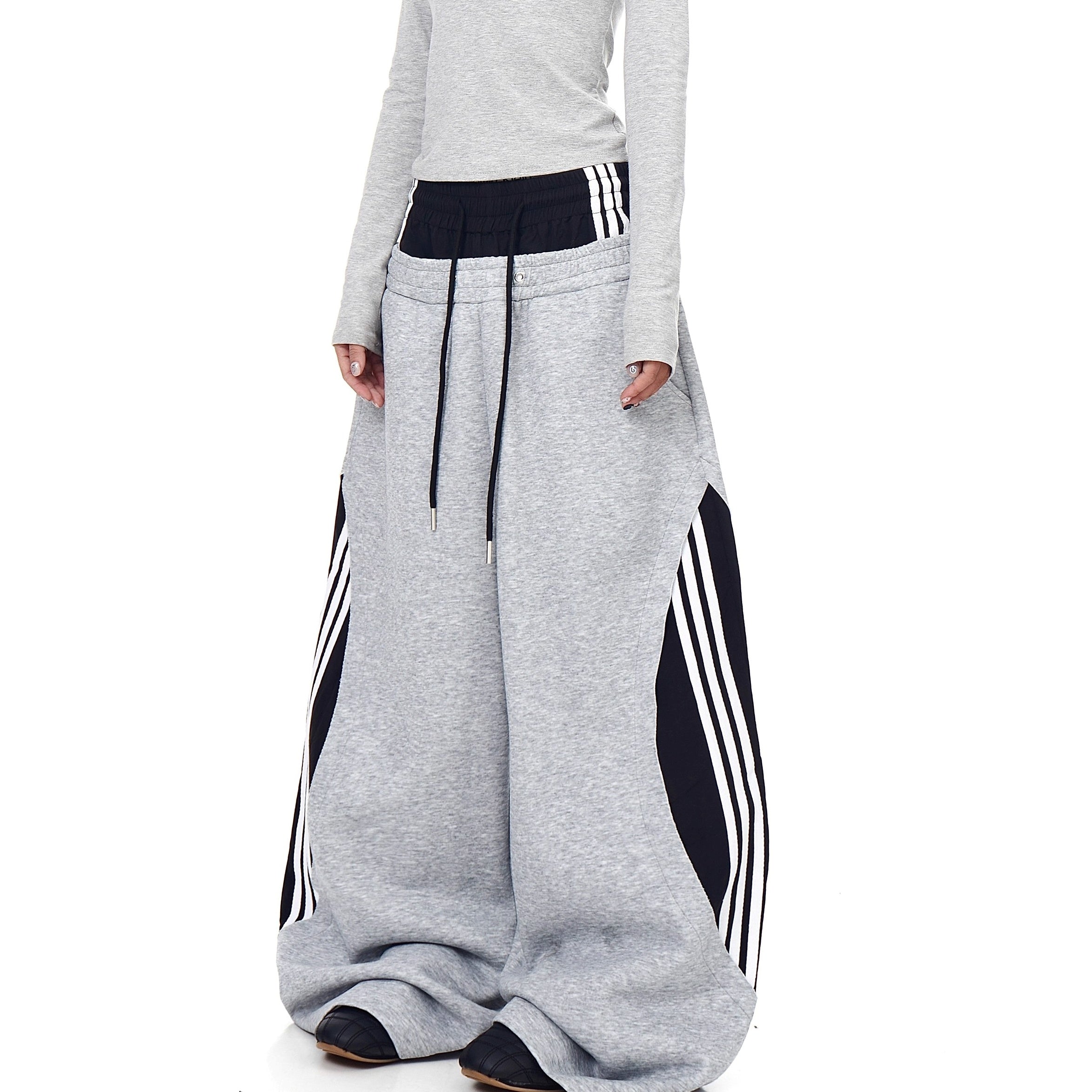 Double-Waist Striped Splicing Scimitar Sweat Pants BK7050