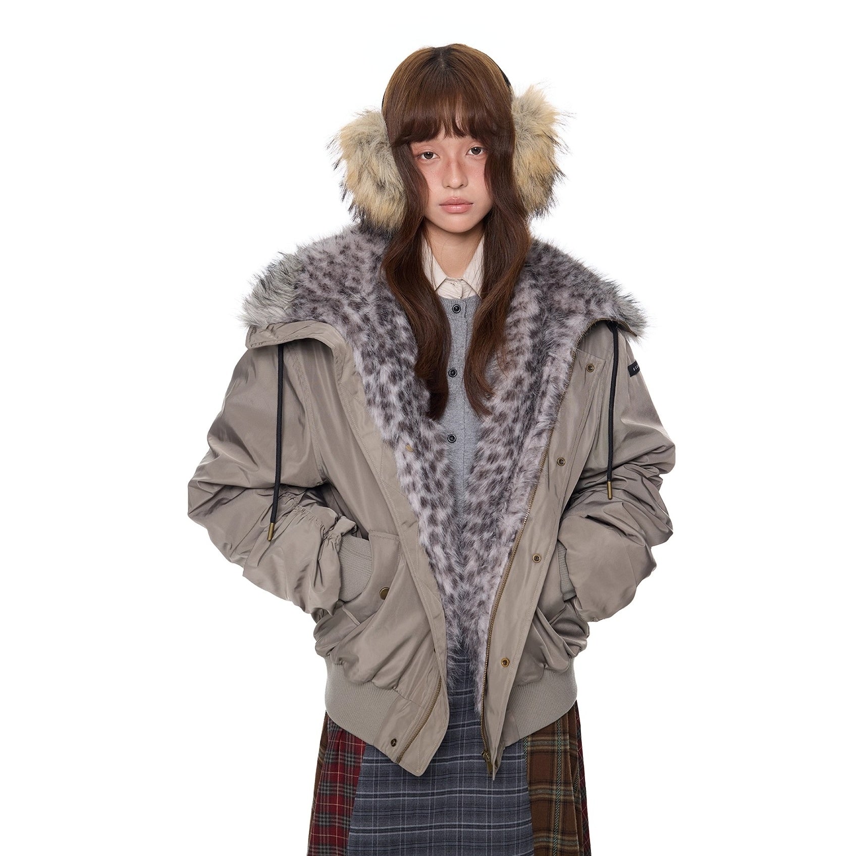 Leopard Liner Fur Short Hooded Jacket EZ273