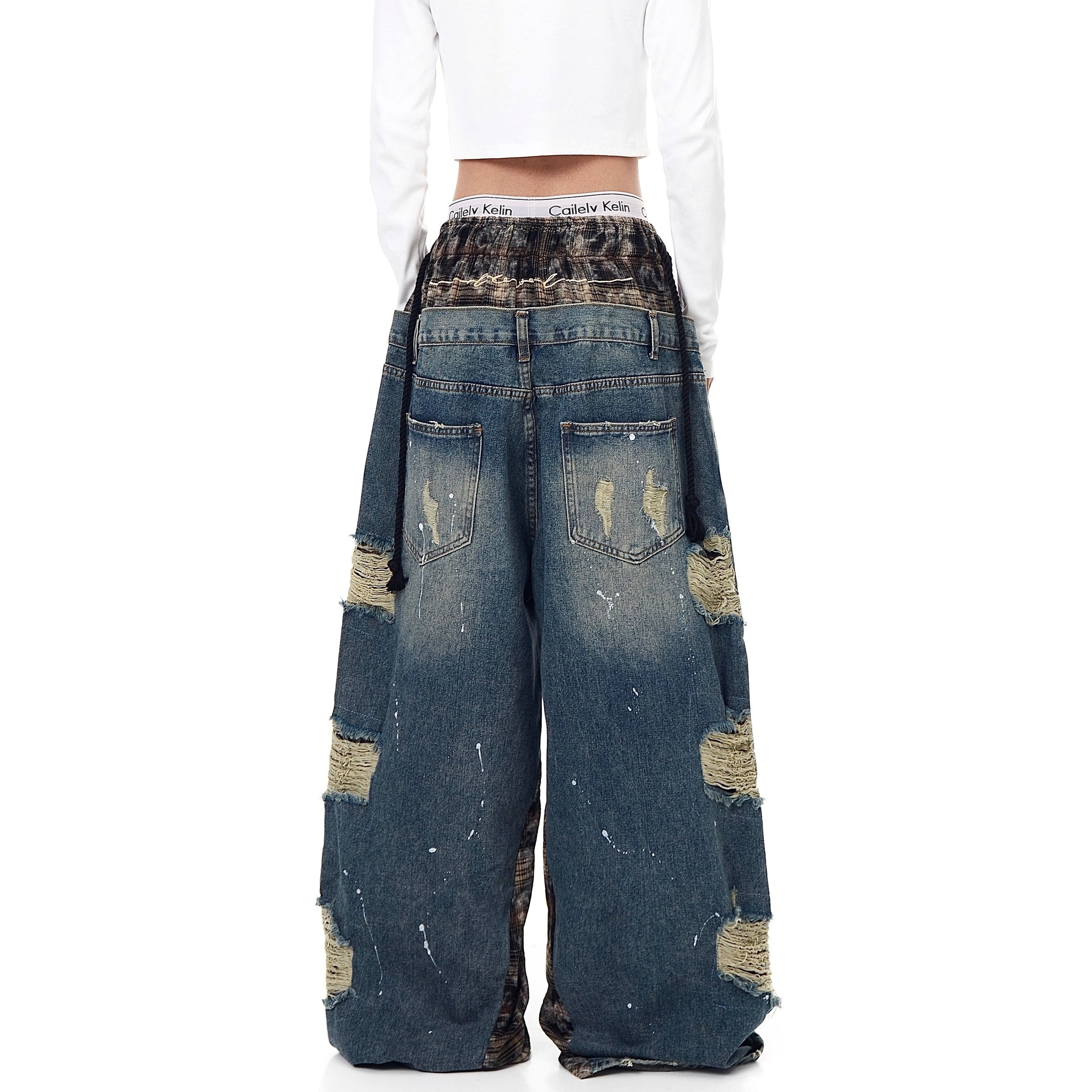 Double Waist Splicing Ripped Curve Jeans MW10273