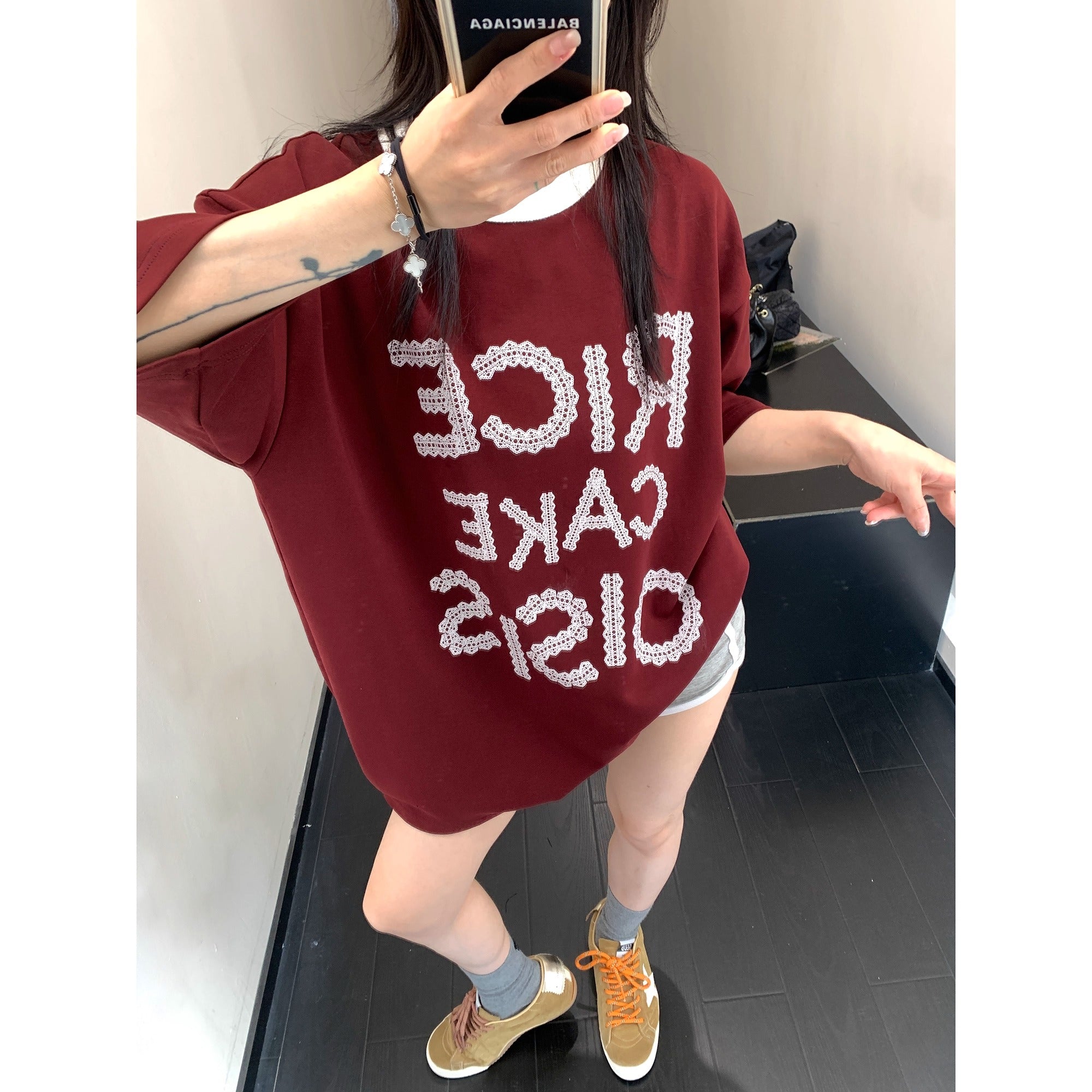Lace Letter Loose Ringer T-shirt OS2001