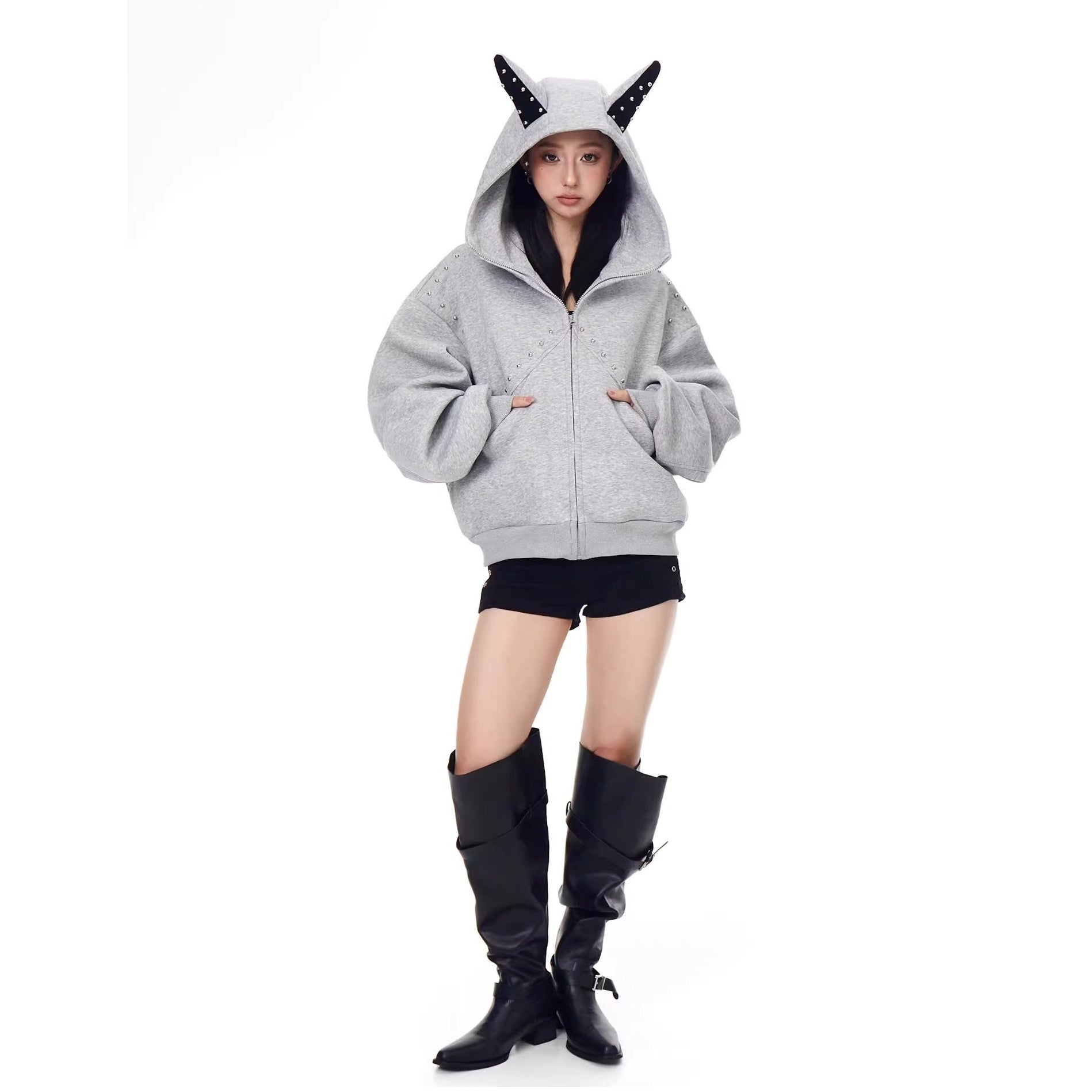 Doberman Pinscher Ears Rivet Hooded Jacket BK7024