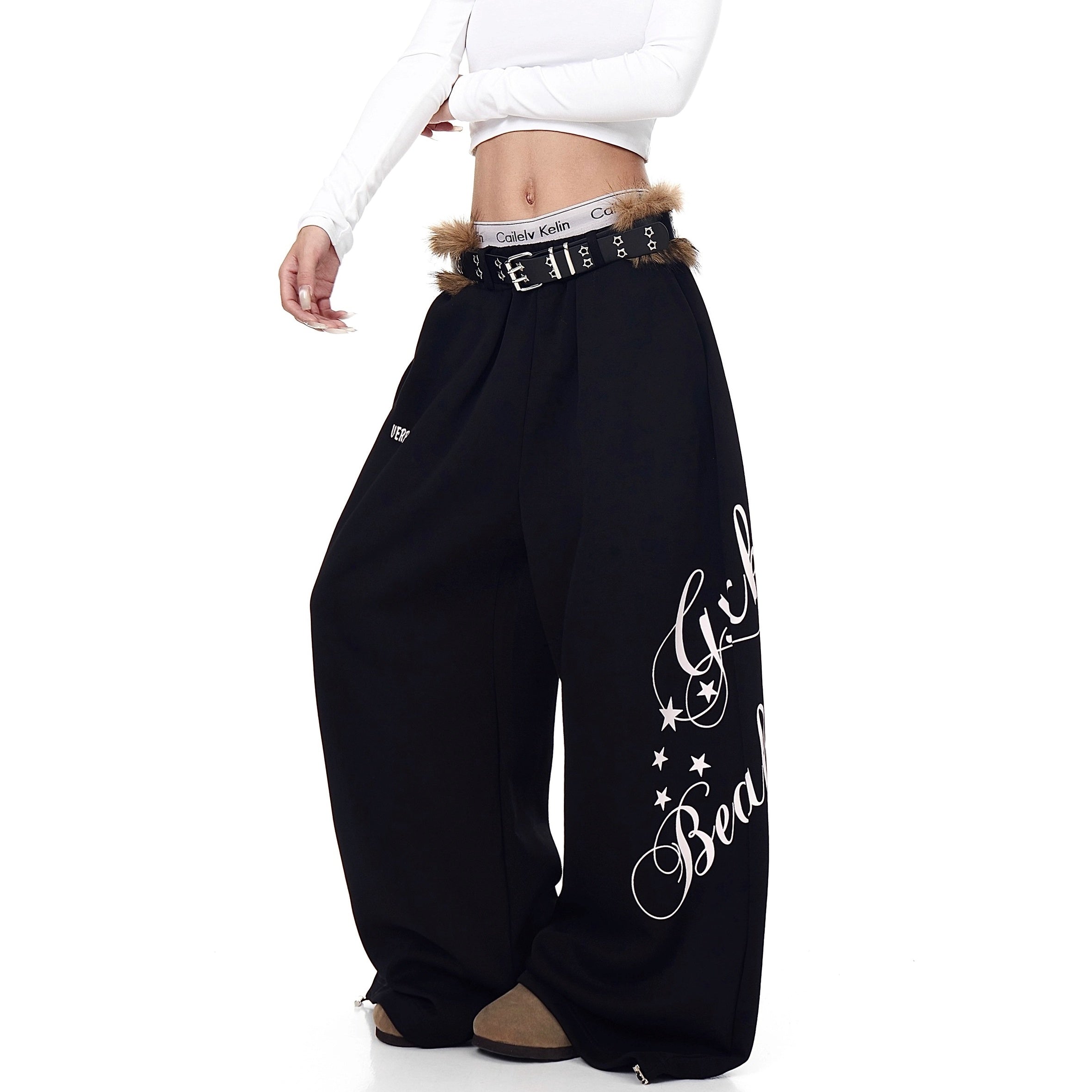 Letter Print Wide Sweat Pants With Fur Belt BK7026